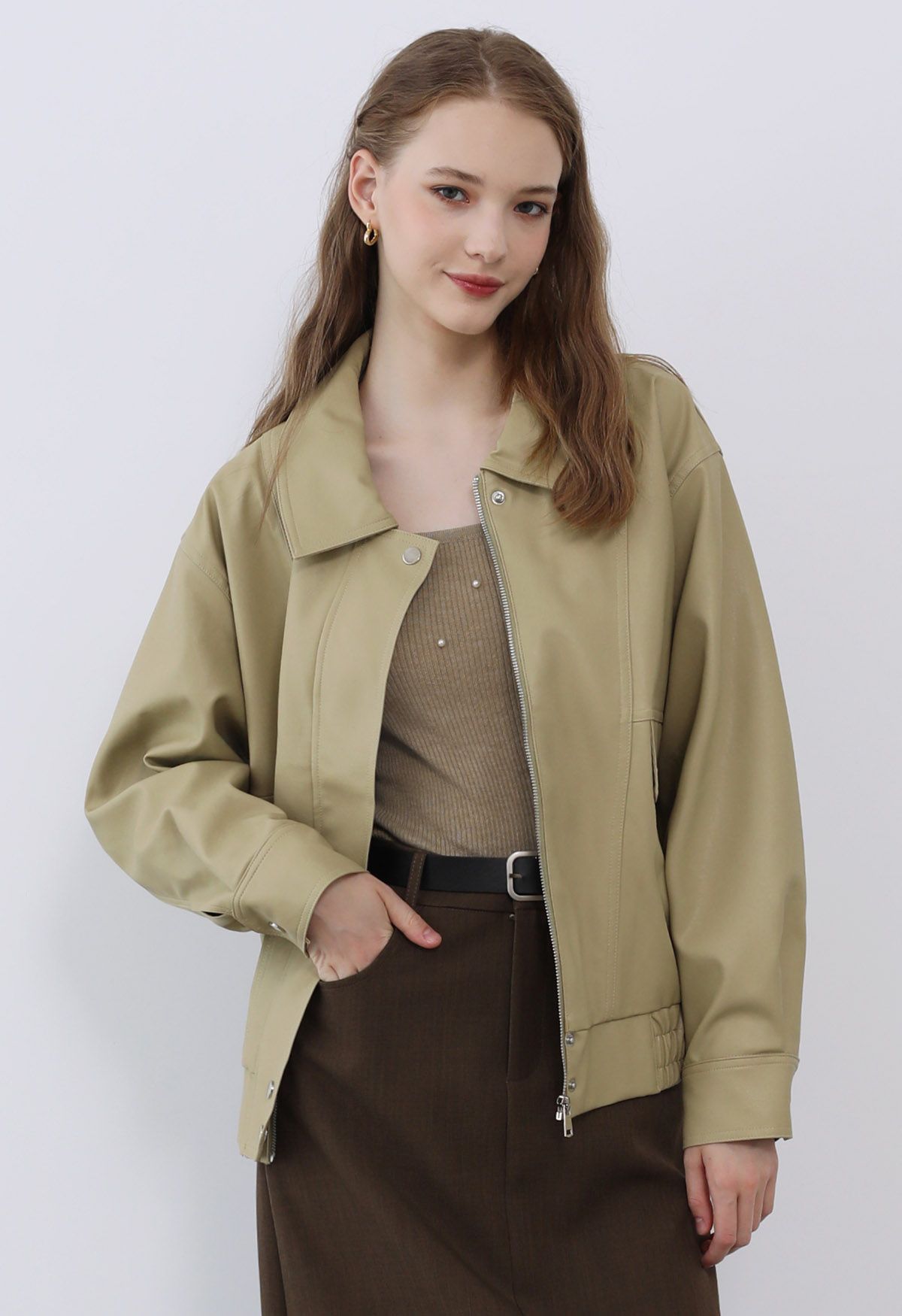 Fake Flap Pocket Faux Leather Jacket in Camel