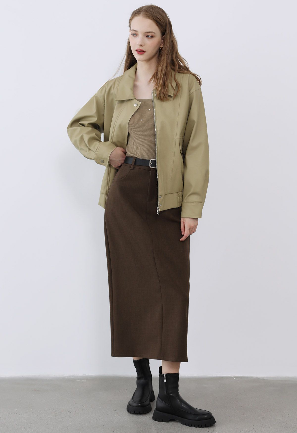 Fake Flap Pocket Faux Leather Jacket in Camel