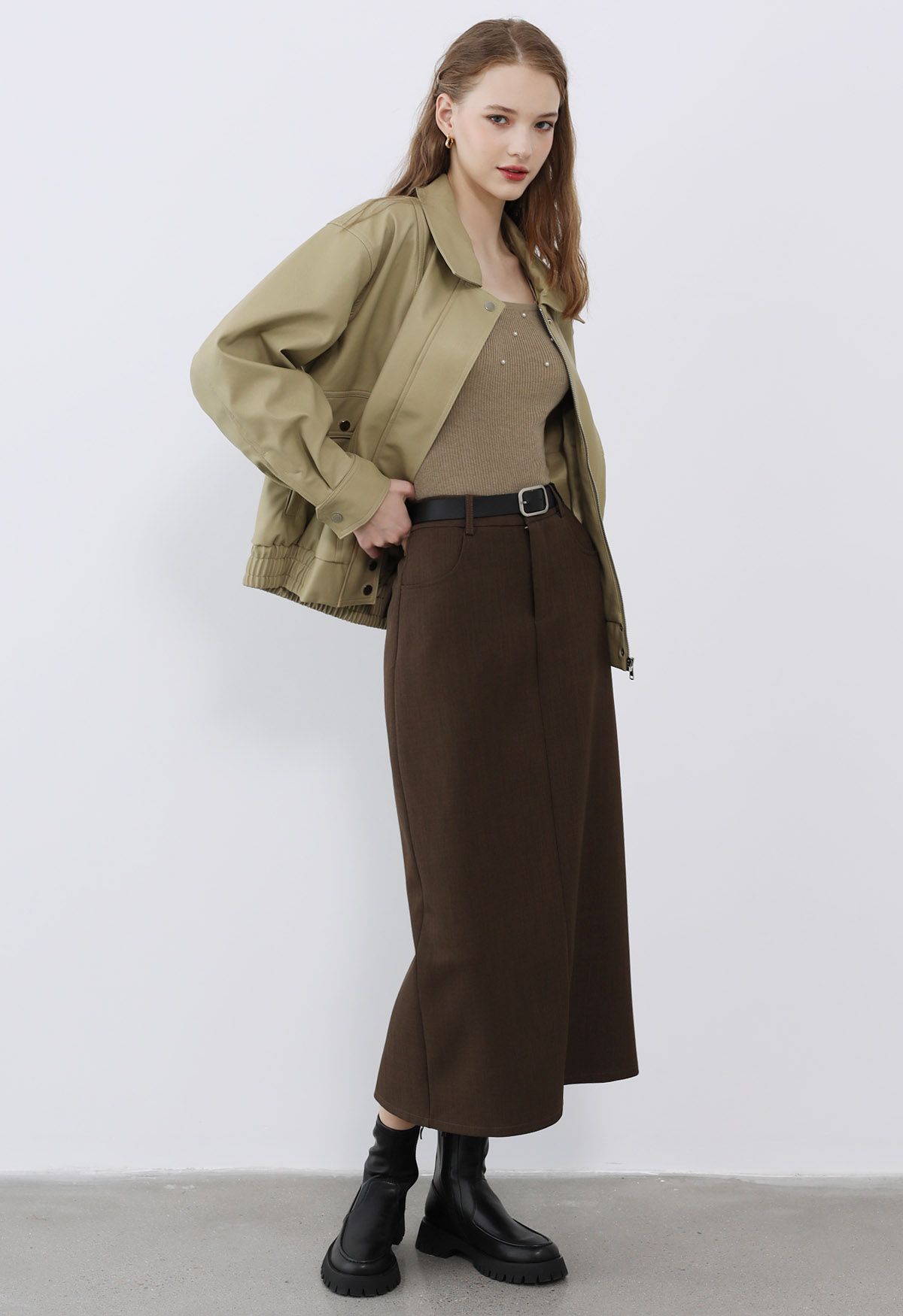 Fake Flap Pocket Faux Leather Jacket in Camel