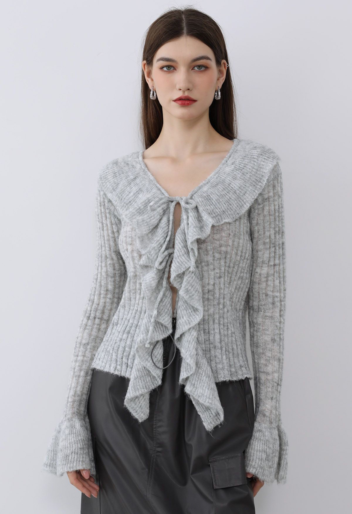 Exaggerated Ruffle Neck Self-Tie Knit Top in Grey
