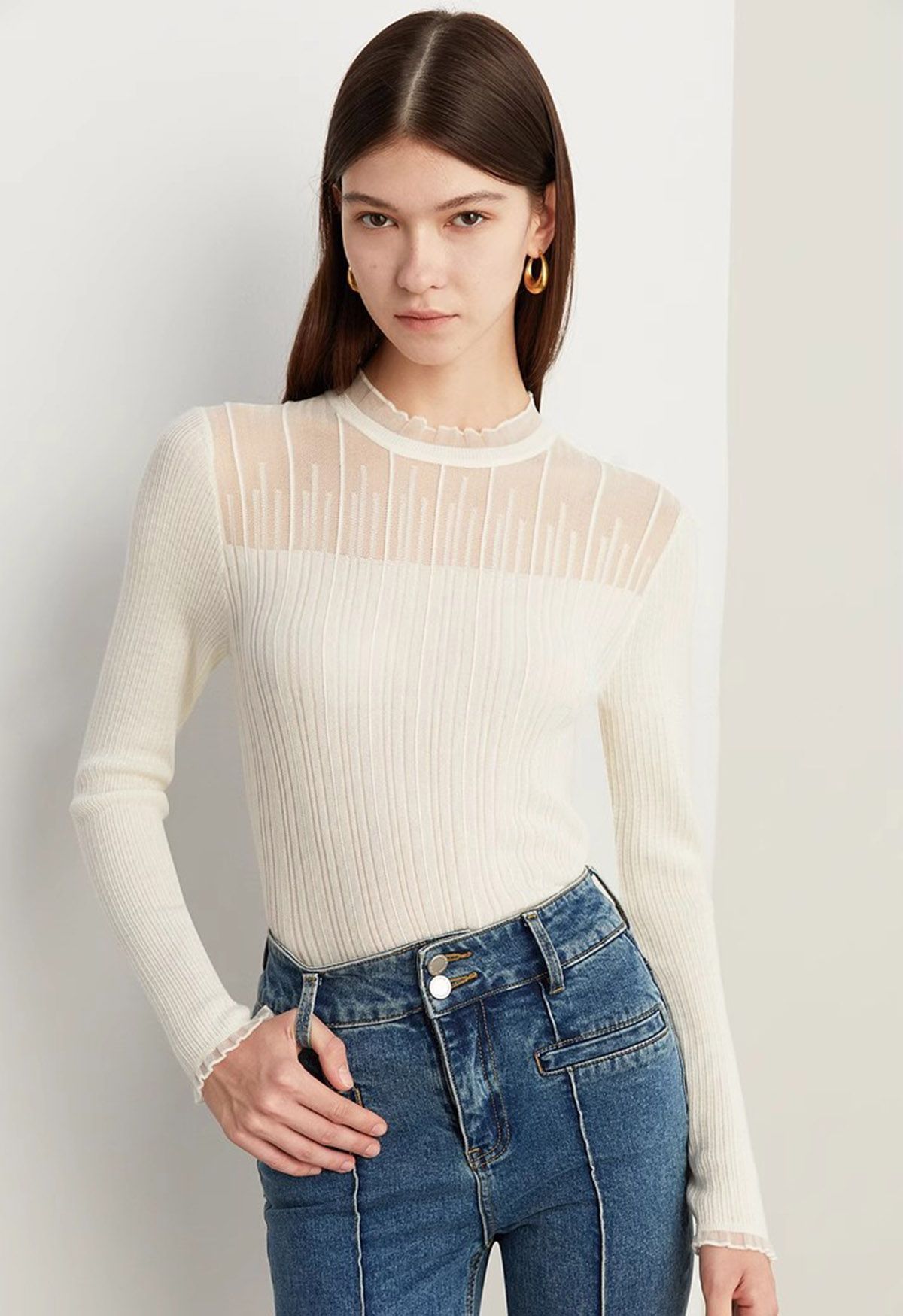 Ruffled Mock Neck Mesh Spliced Long Sleeve Knit Top in Ivory