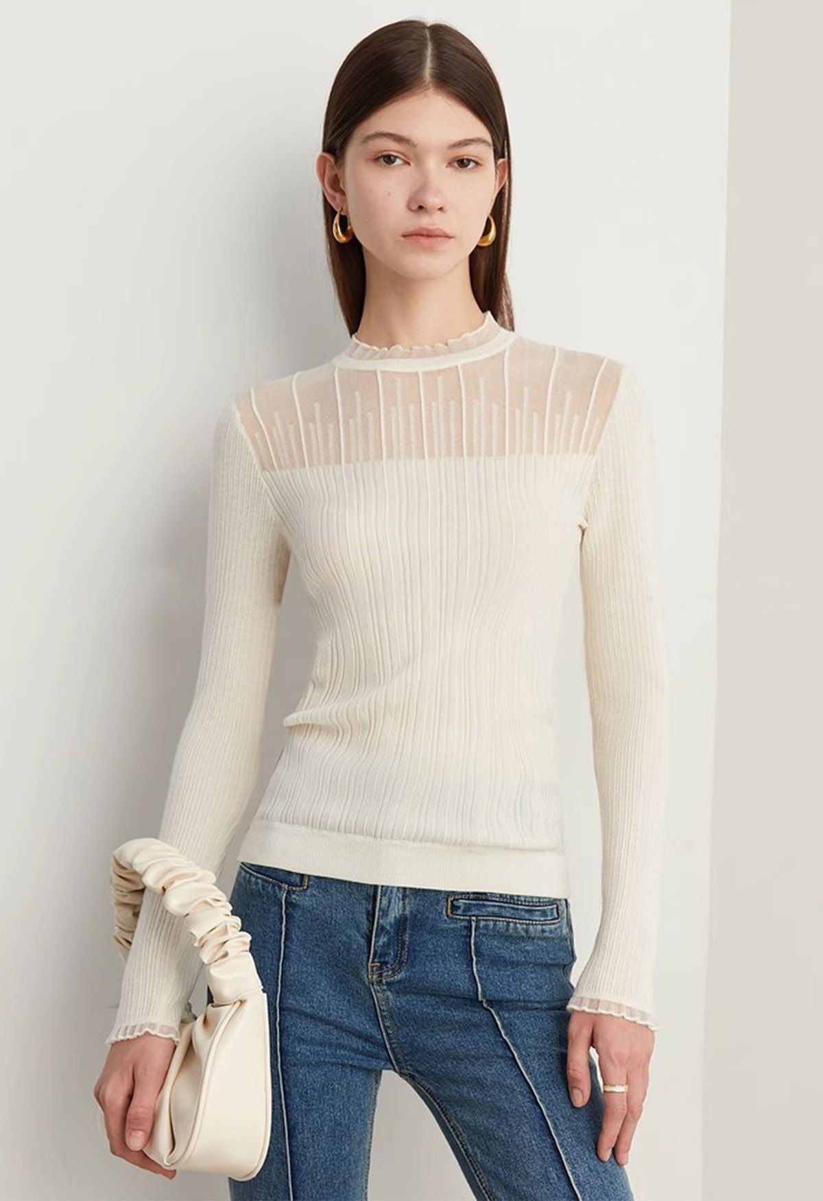 Ruffled Mock Neck Mesh Spliced Long Sleeve Knit Top in Ivory