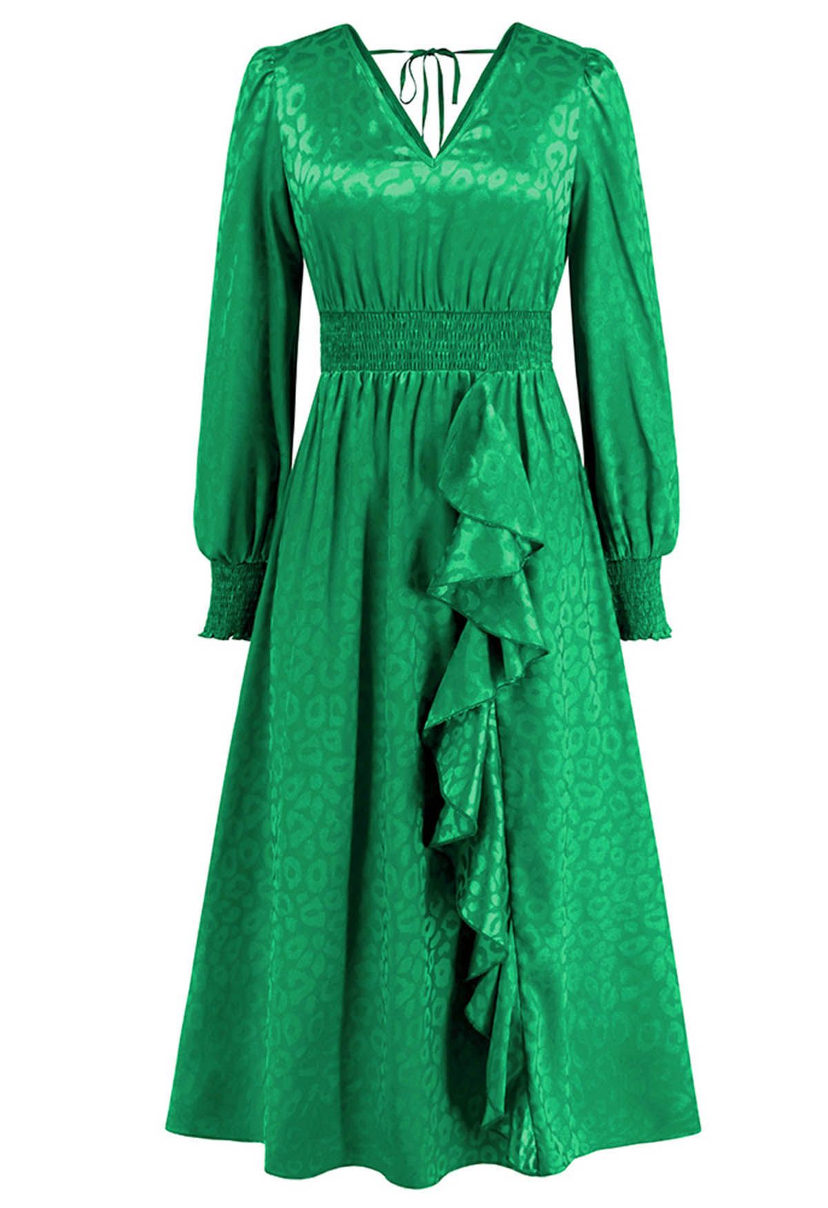 Glossy Leopard Jacquard Ruffle Maxi Dress in Green