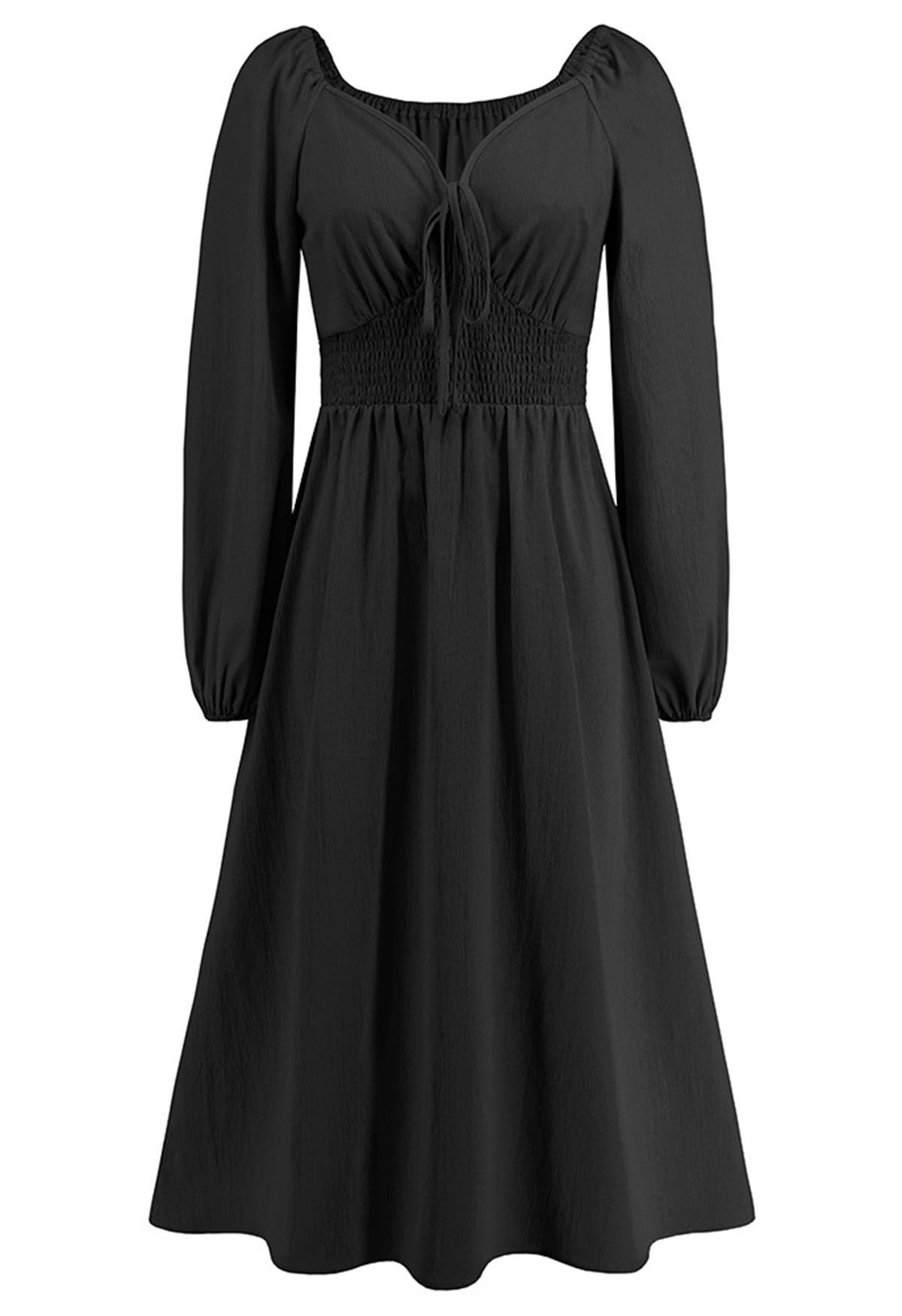 Sweetheart Neck Tie Front Midi Dress in Black