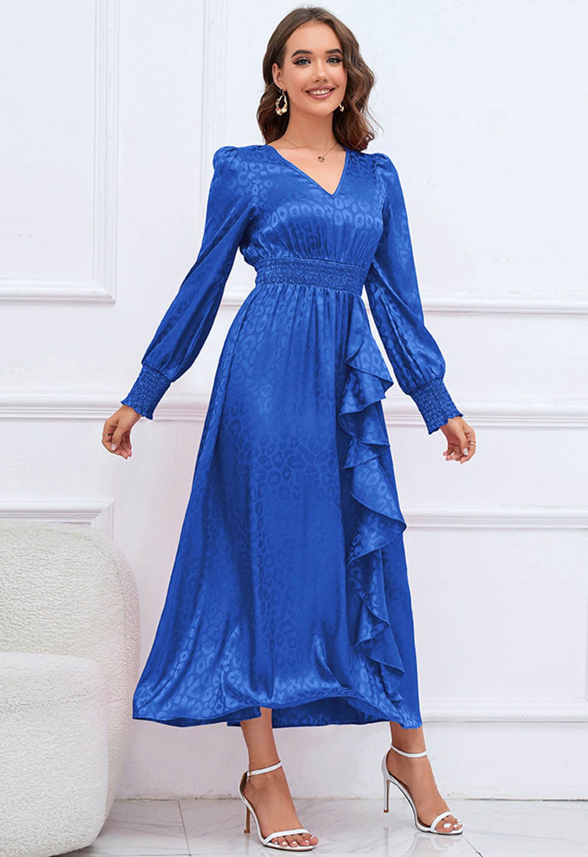 Glossy Leopard Jacquard Ruffle Maxi Dress in Indigo