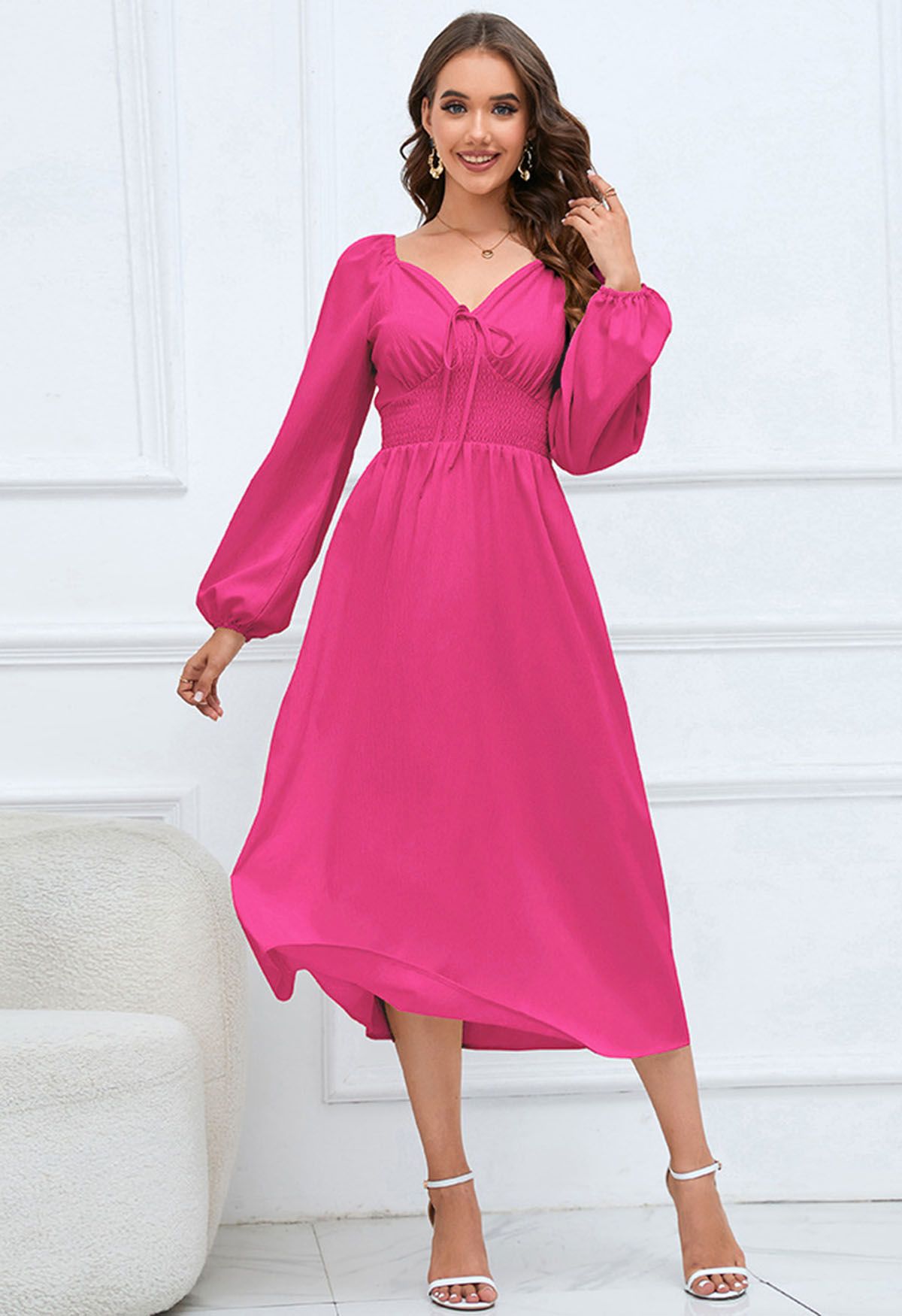 Sweetheart Neck Tie Front Midi Dress in Magenta