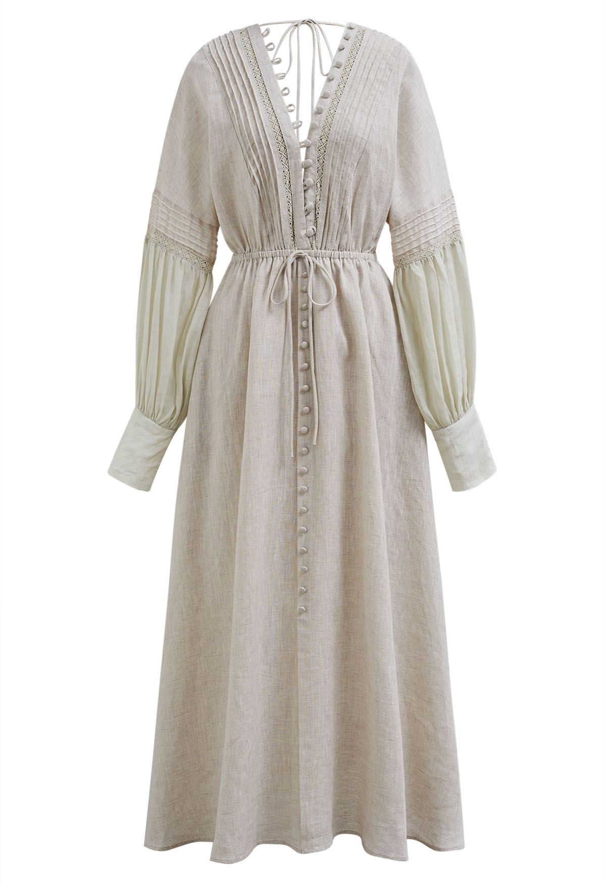 V-Neck Buttoned Long Sleeve Dress in Linen