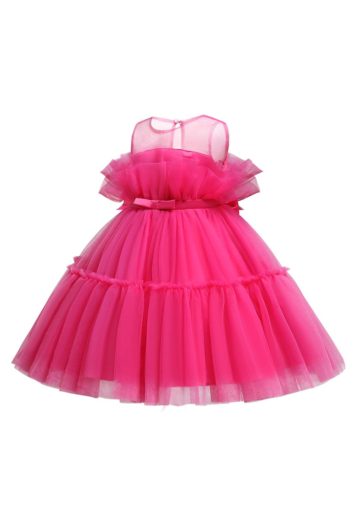 Bowknot Waist Tulle Dress in Magenta for Kids