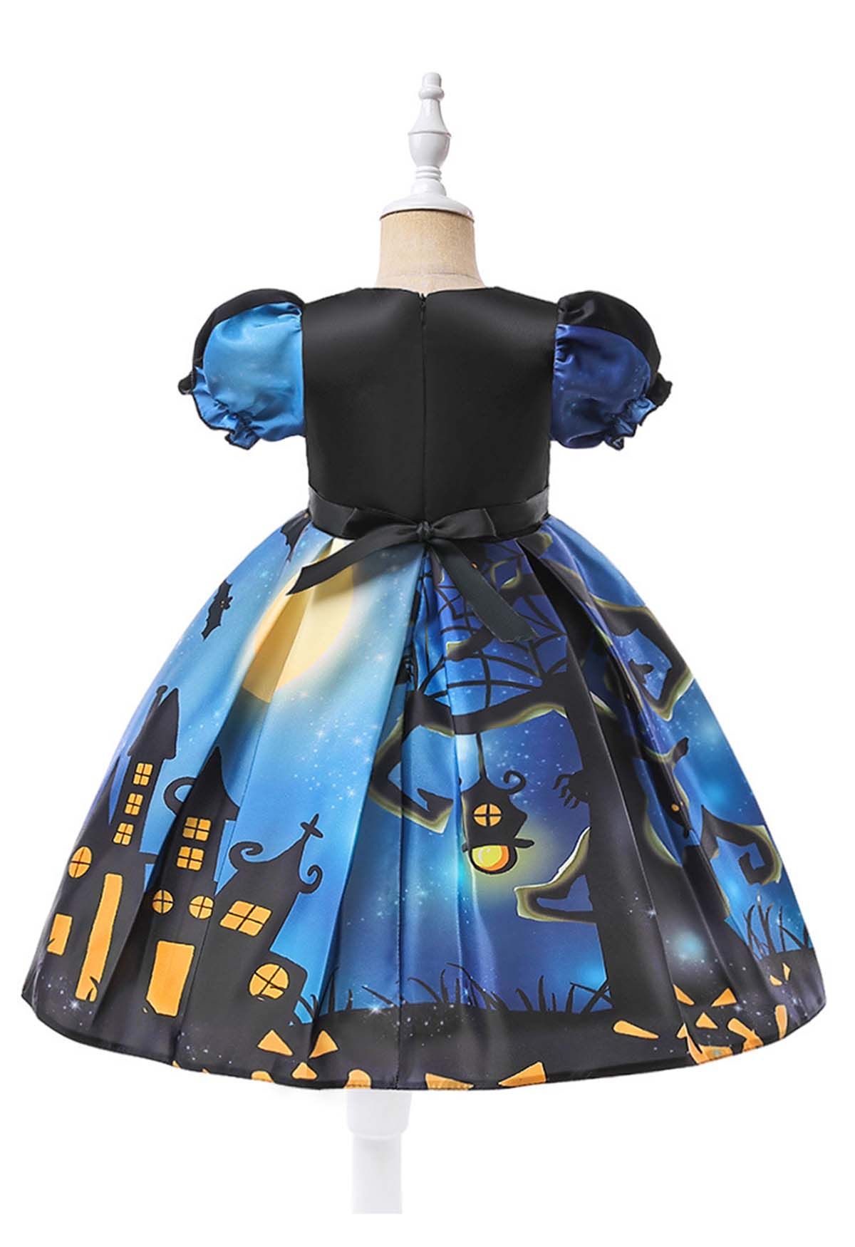 Halloween Night Bubble Sleeves Dress for Kids with Handbag