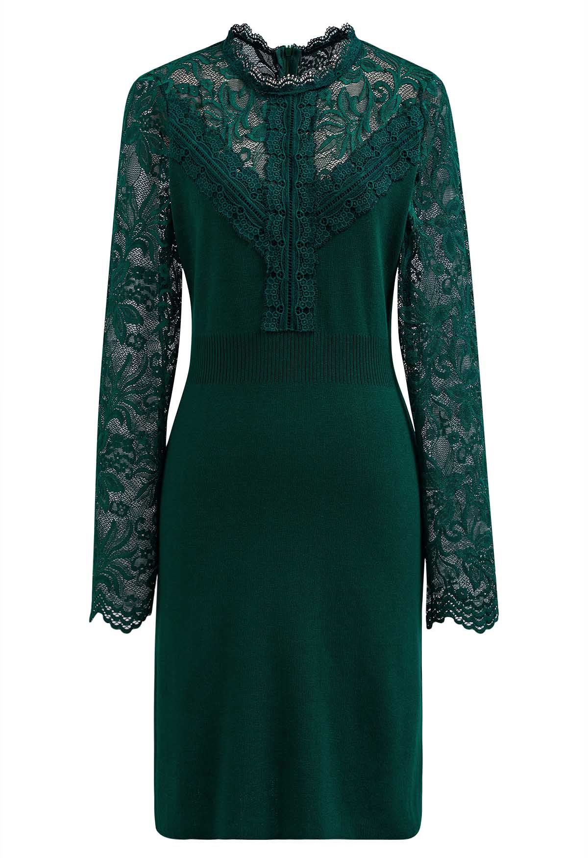 Floral Lace Spliced Knit Dress in Dark Green