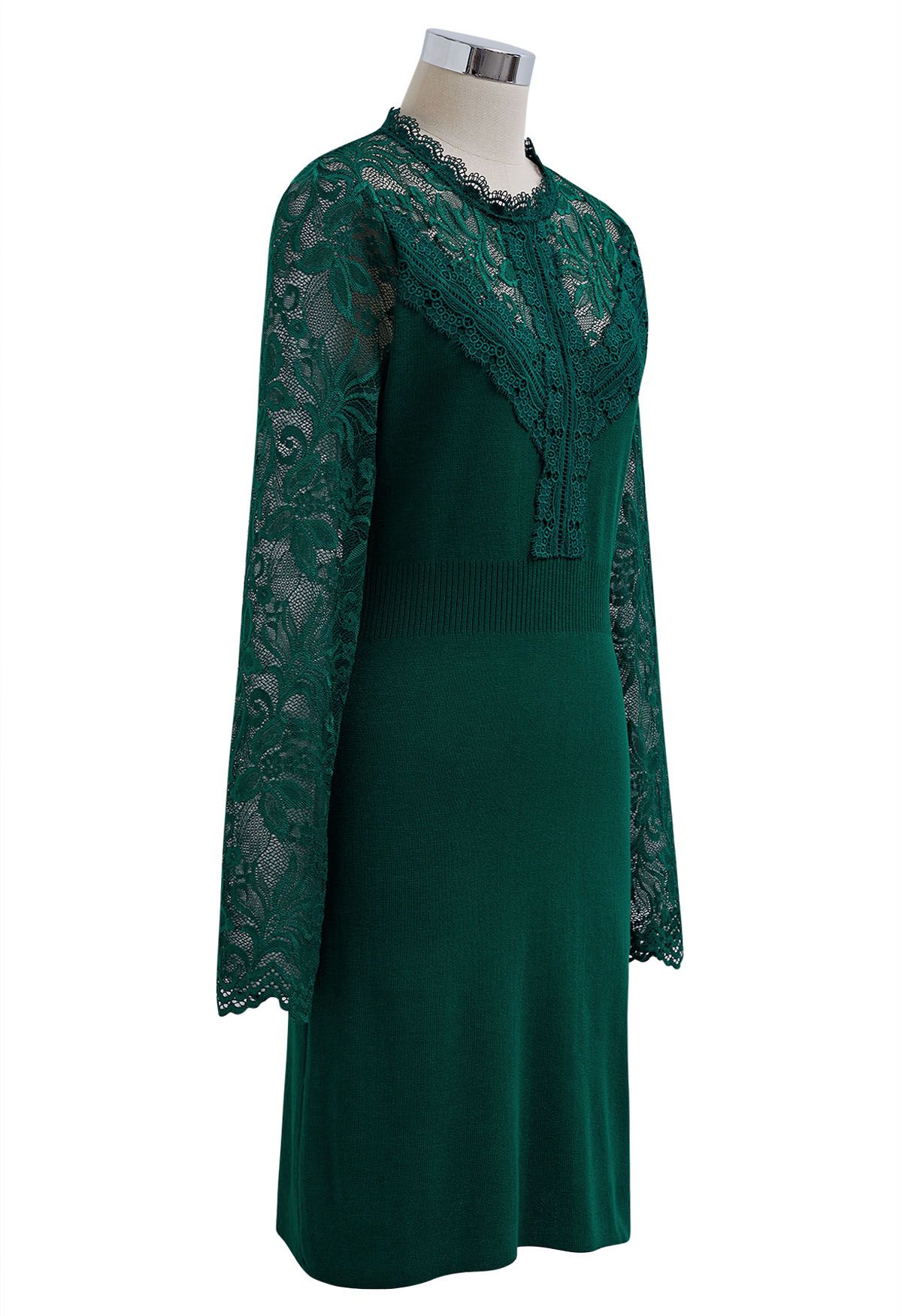 Floral Lace Spliced Knit Dress in Dark Green