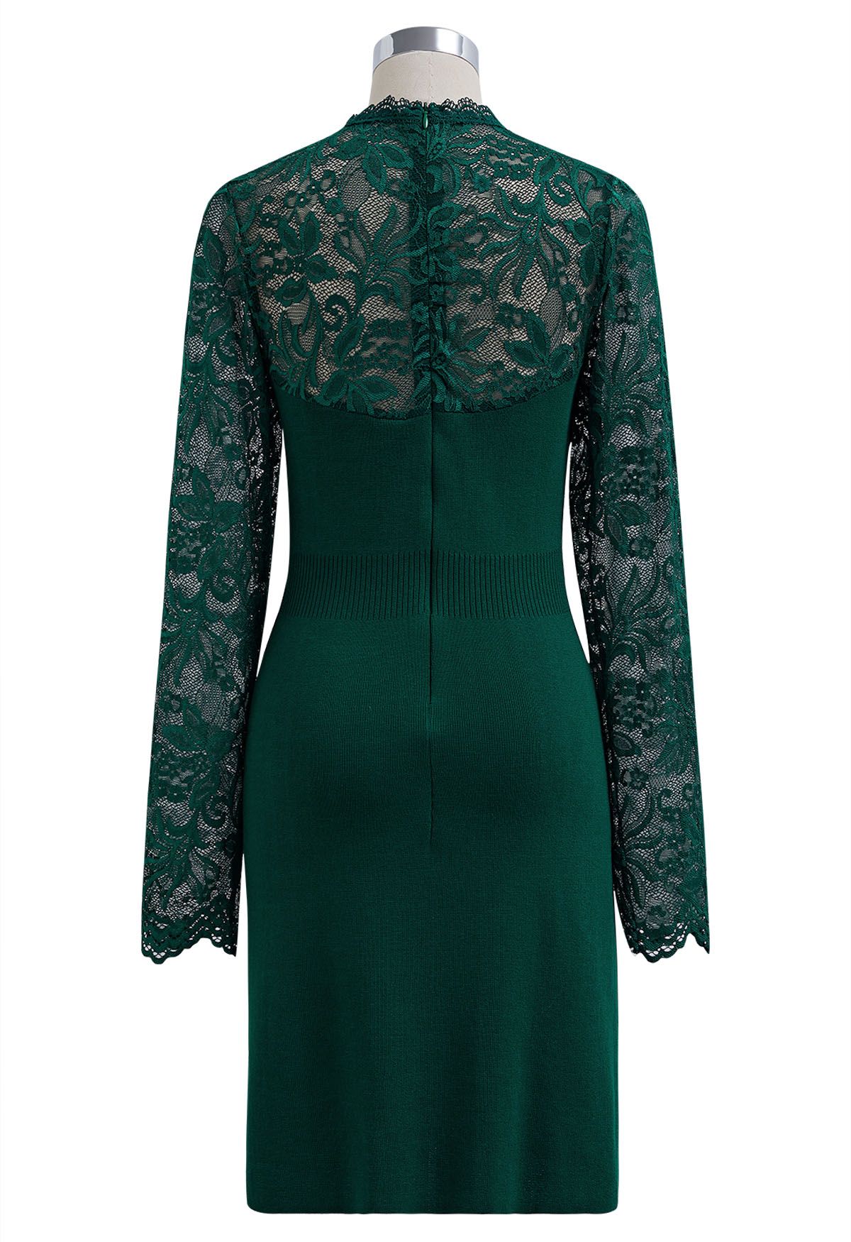 Floral Lace Spliced Knit Dress in Dark Green