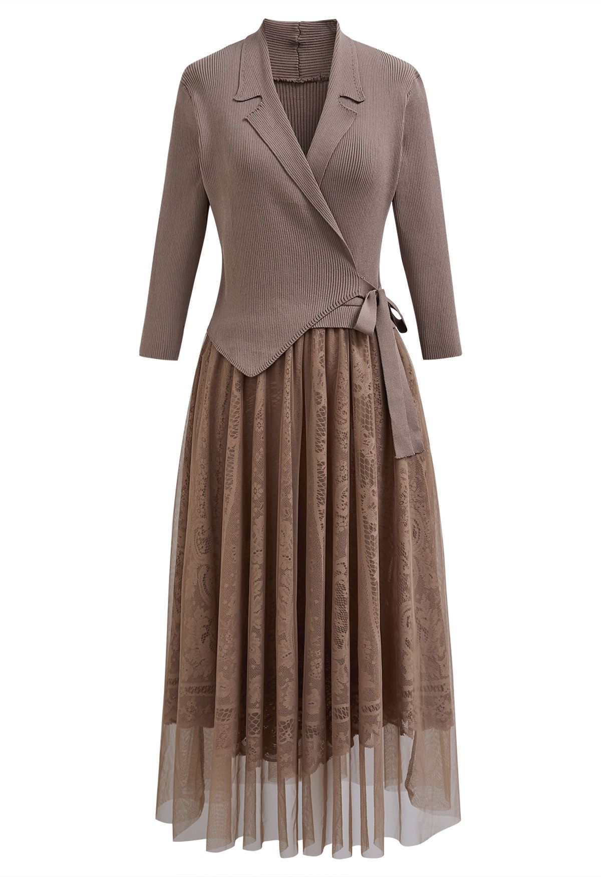 Collared V-Neck Knit Spliced Tulle Dress in Taupe