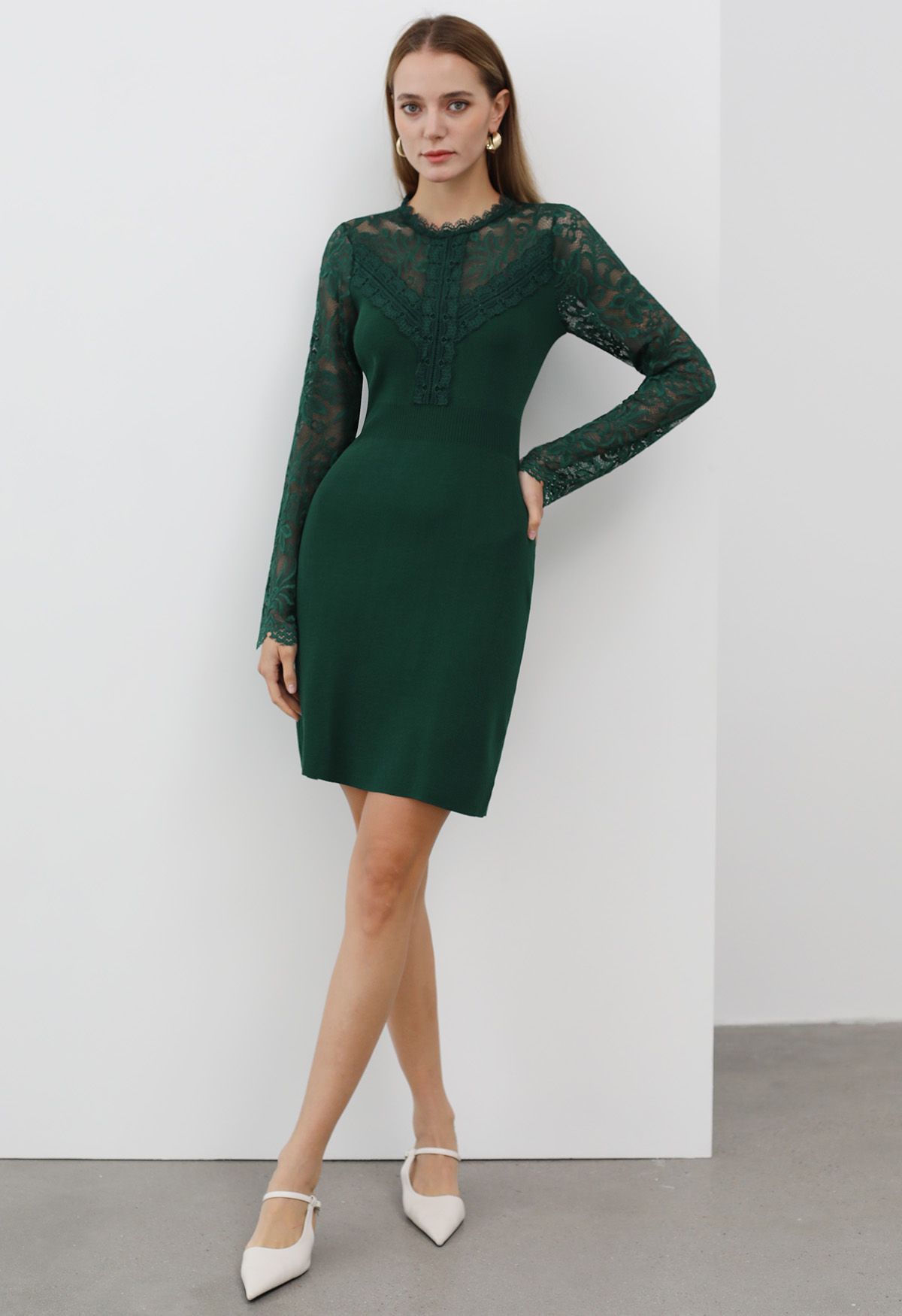 Floral Lace Spliced Knit Dress in Dark Green