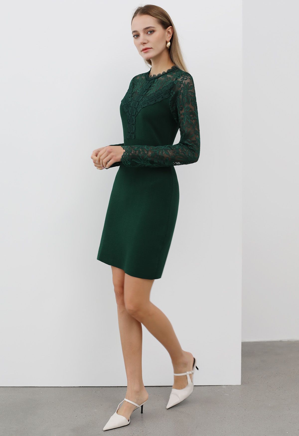 Floral Lace Spliced Knit Dress in Dark Green