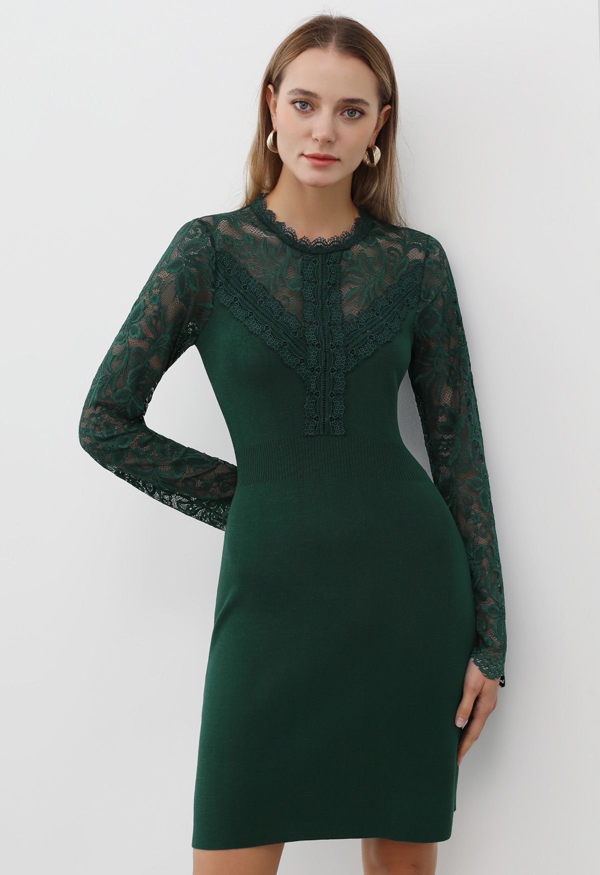 Floral Lace Spliced Knit Dress in Dark Green