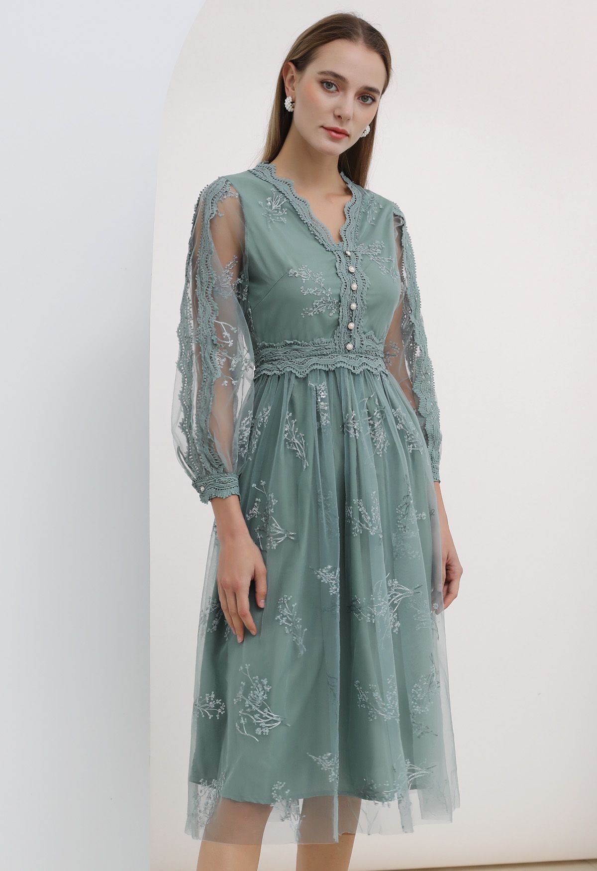 Sequin Embroidered Mesh Midi Dress