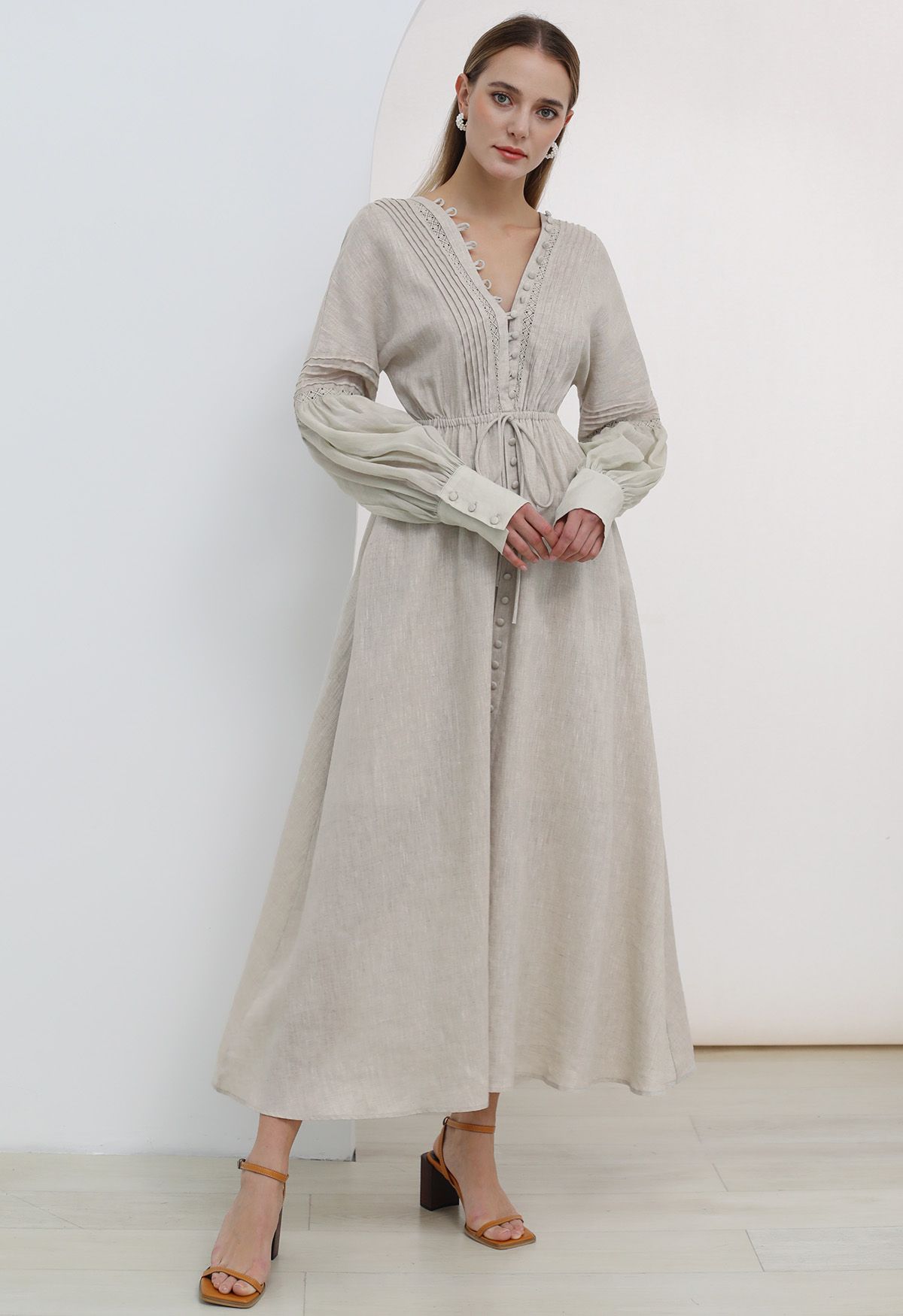 V-Neck Buttoned Long Sleeve Dress in Linen