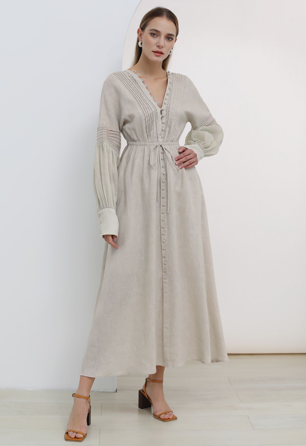 V-Neck Buttoned Long Sleeve Dress in Linen