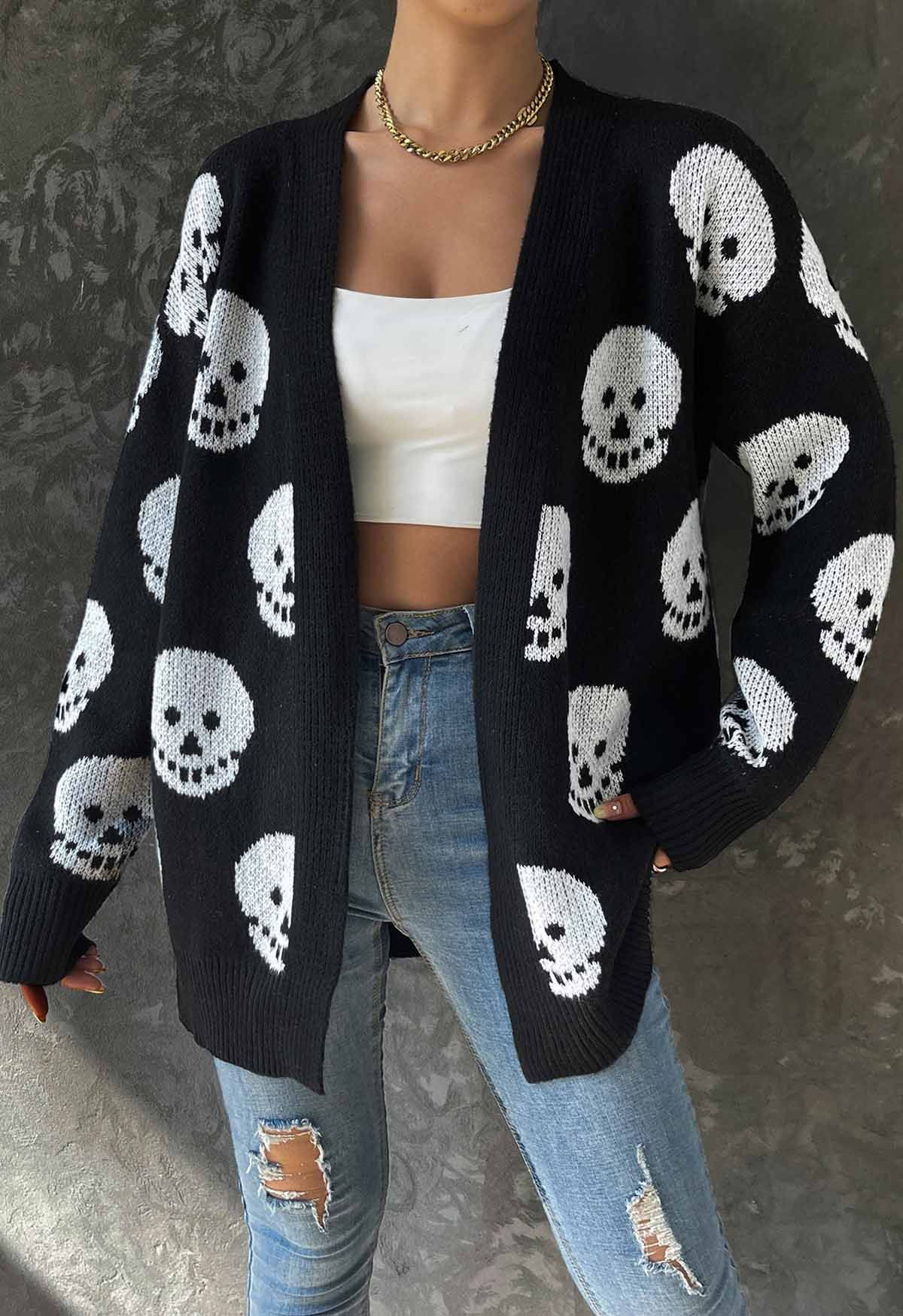 Halloween Skull Jacquard Longline Knit Cardigan