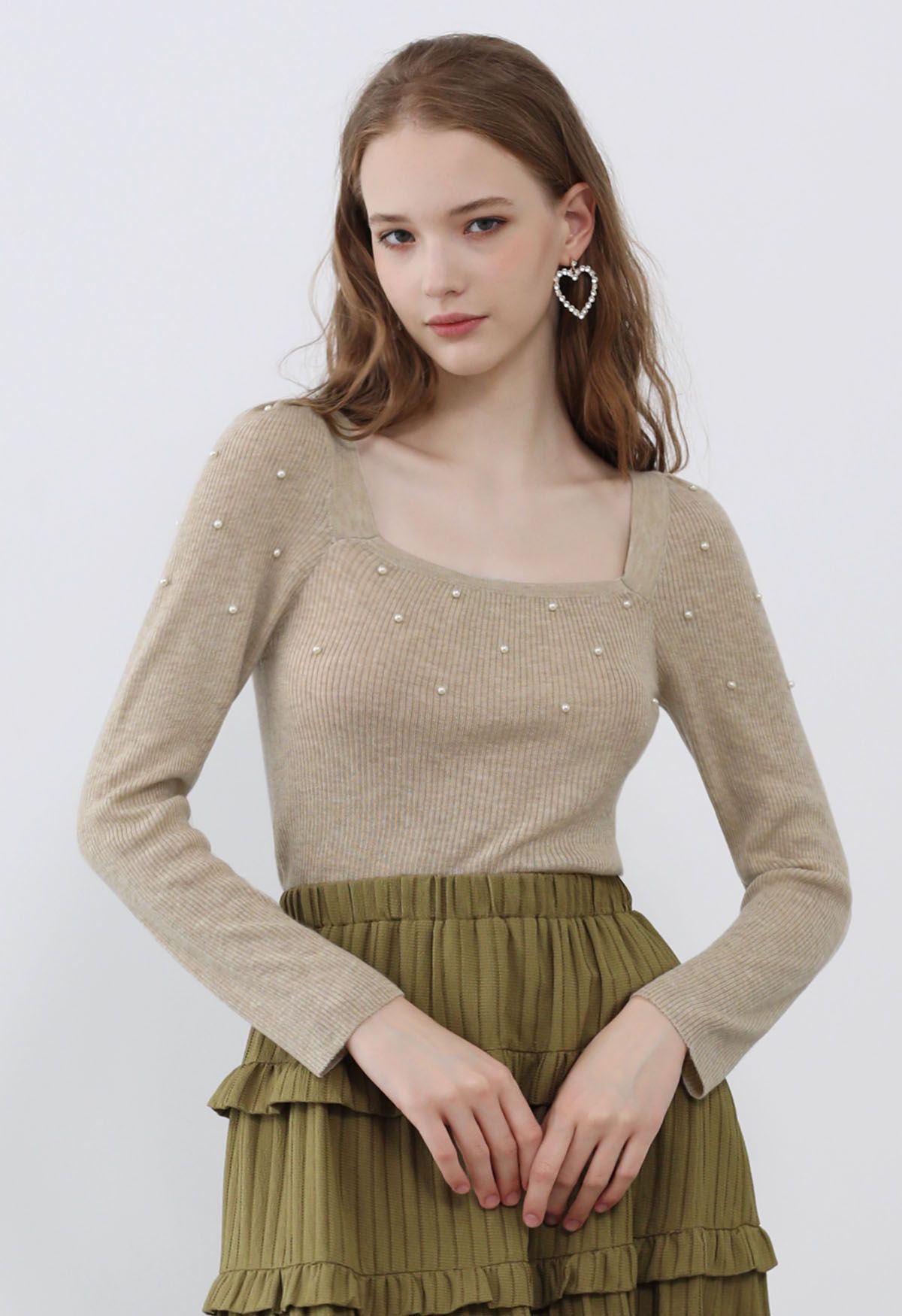 Square Neck Pearly Fitted Knit Top in Oatmeal