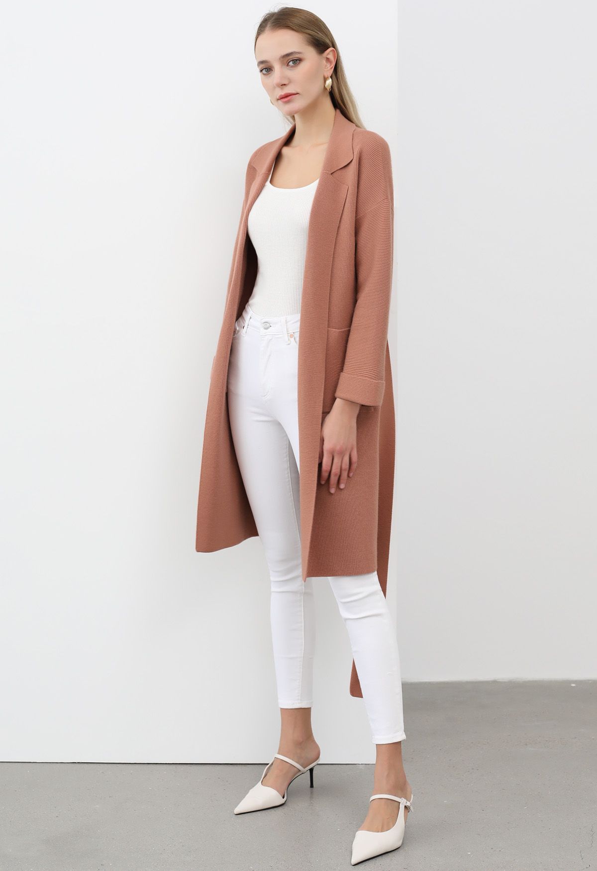 Notch Lapel Belted Longline Knit Cardigan in Rust