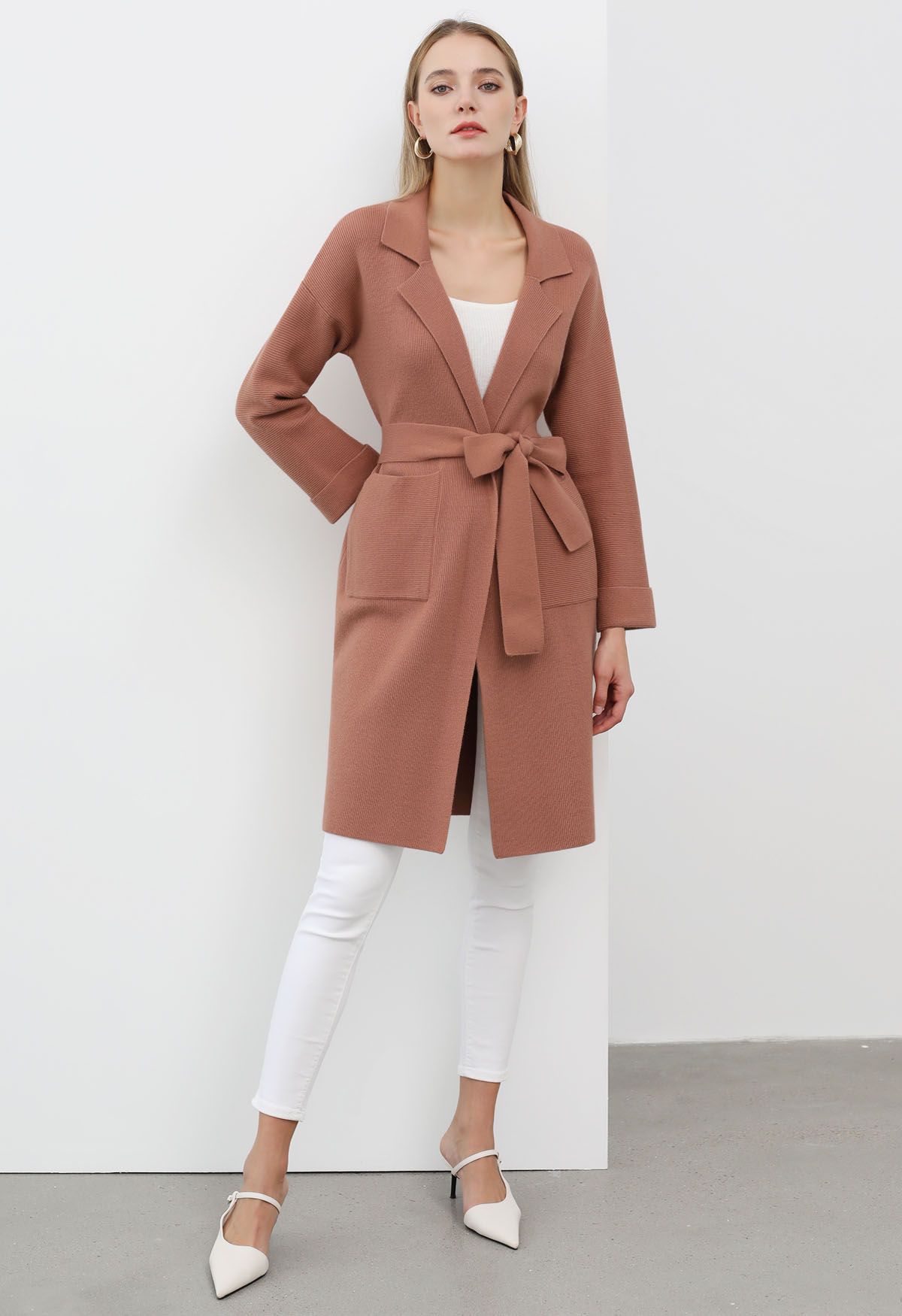 Notch Lapel Belted Longline Knit Cardigan in Rust