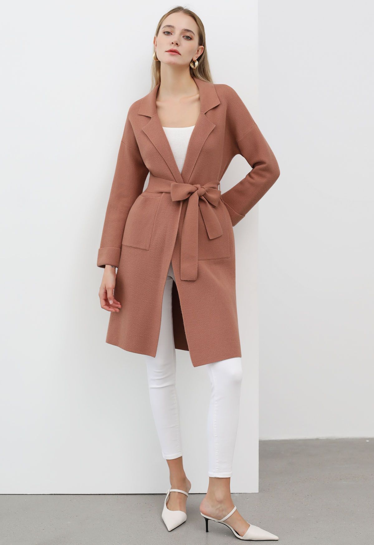 Notch Lapel Belted Longline Knit Cardigan in Rust