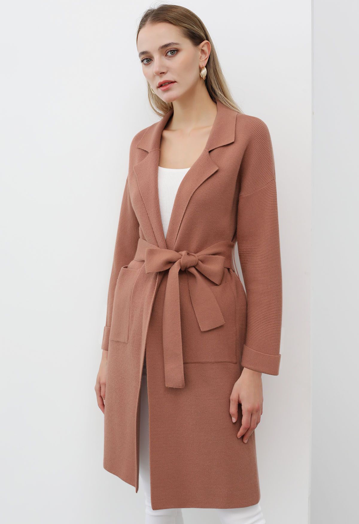 Notch Lapel Belted Longline Knit Cardigan in Rust