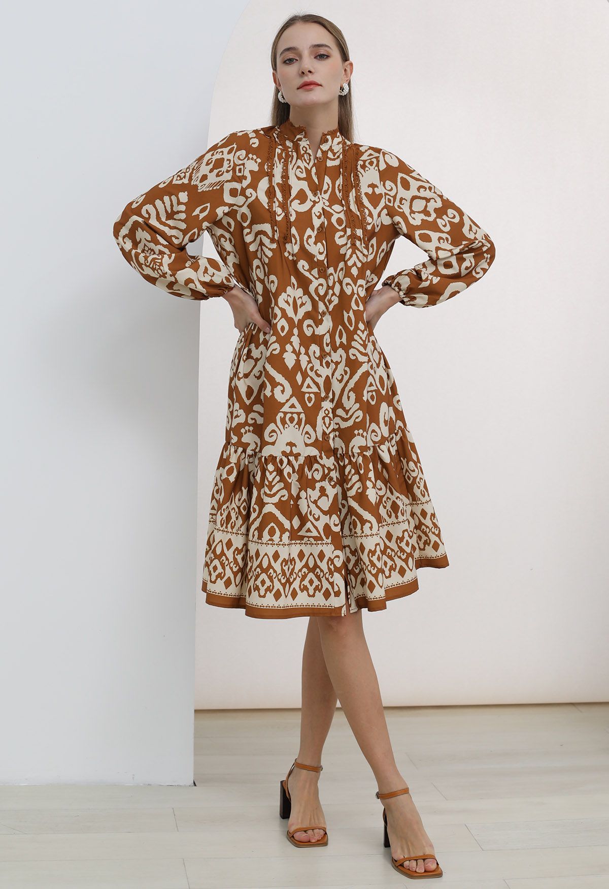 Bohemian Print Bubble Sleeves Frilling Dress