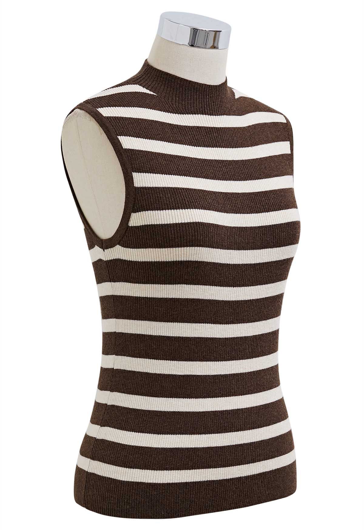 Contrast Stripe Sleeveless Knit Top in Brown