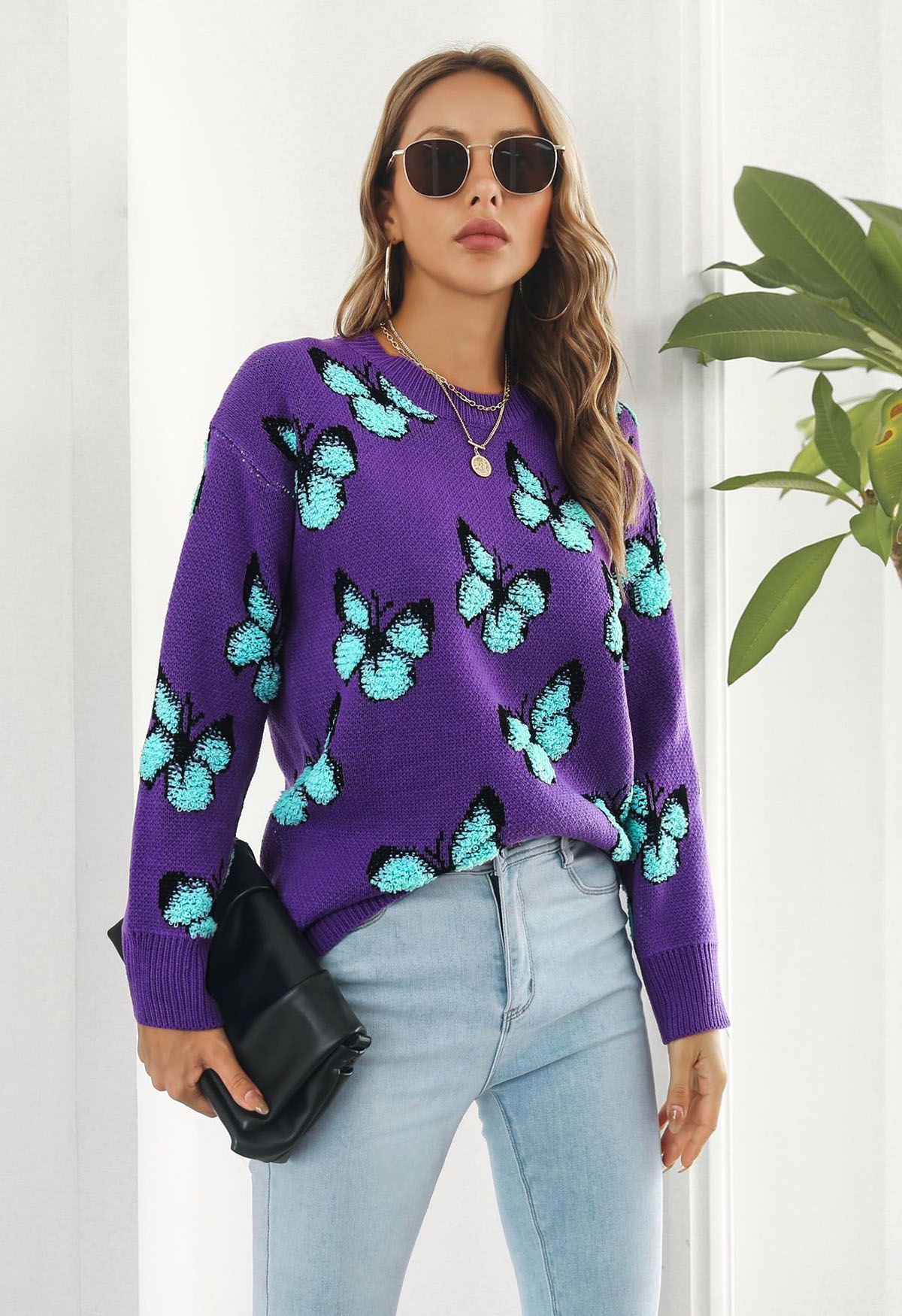 Balletic Butterfly Ribbed Knit Sweater in Purple