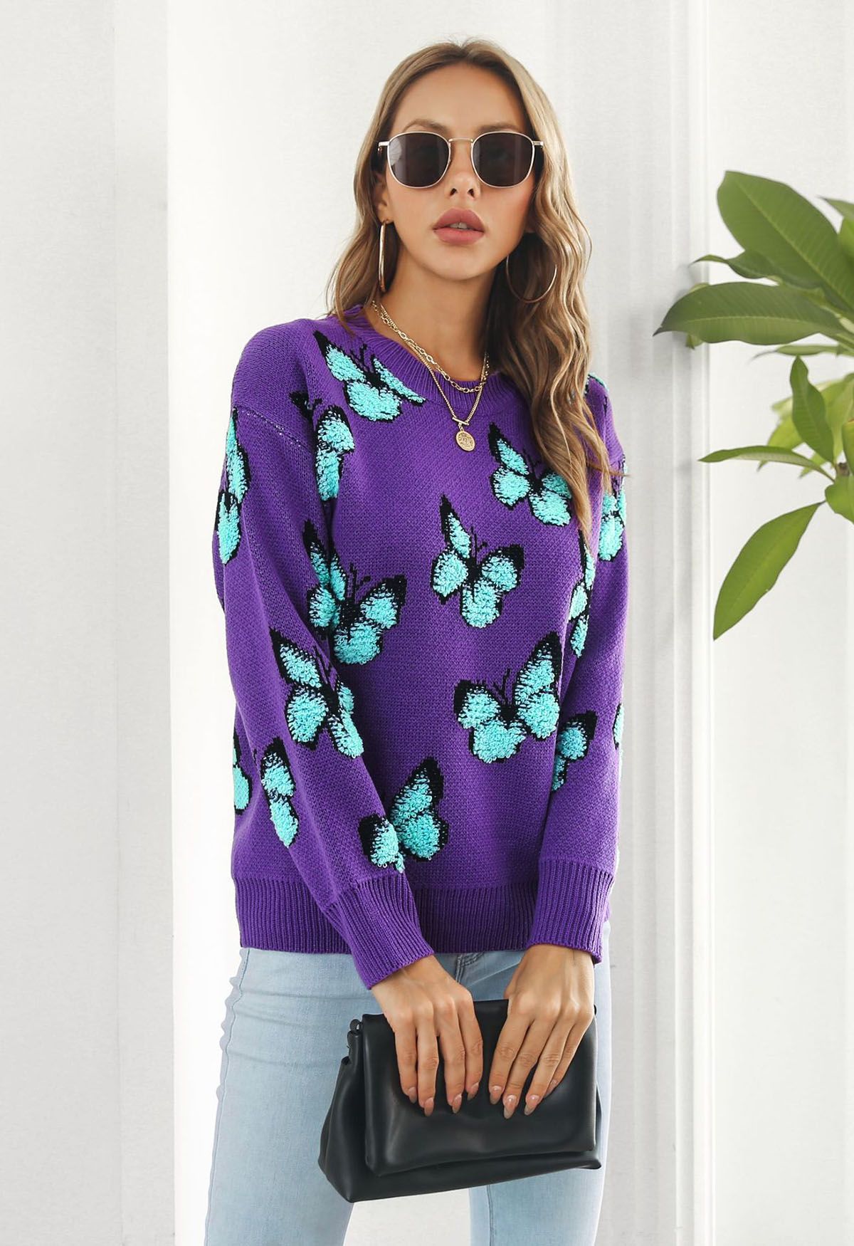 Balletic Butterfly Ribbed Knit Sweater in Purple