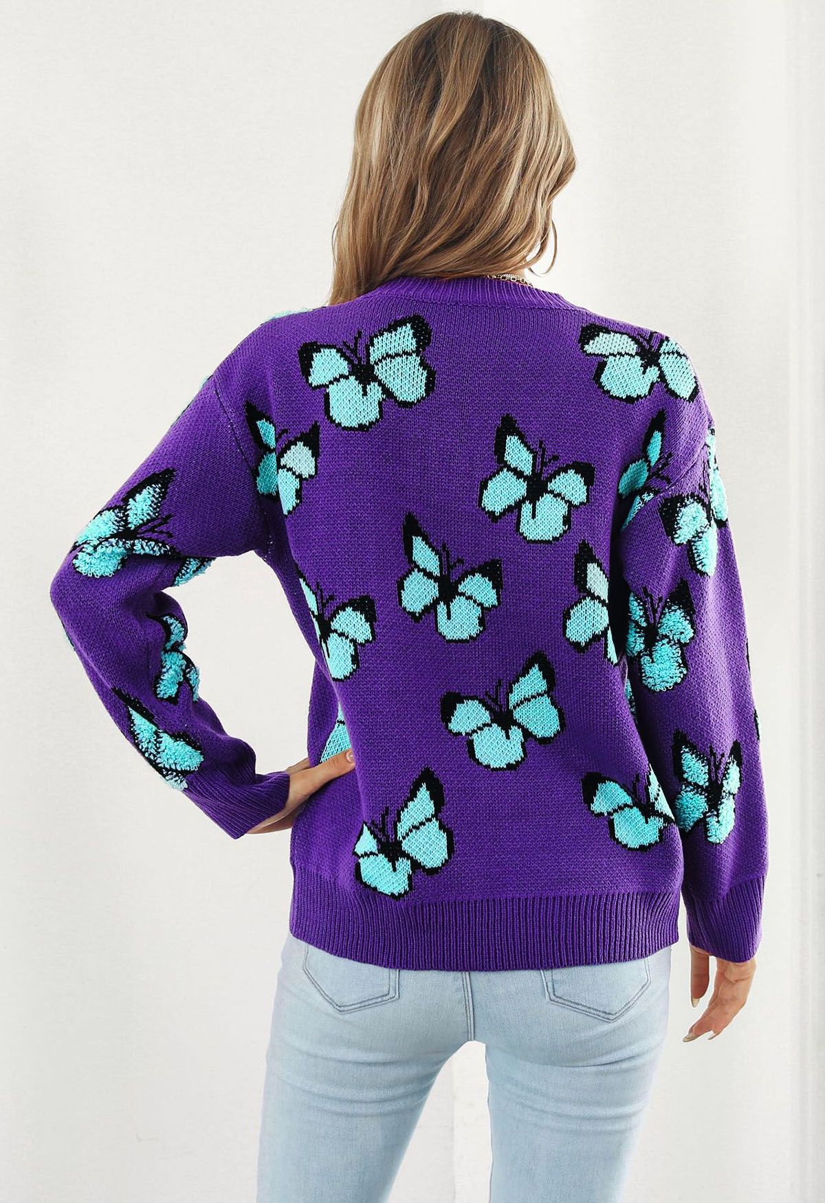 Balletic Butterfly Ribbed Knit Sweater in Purple