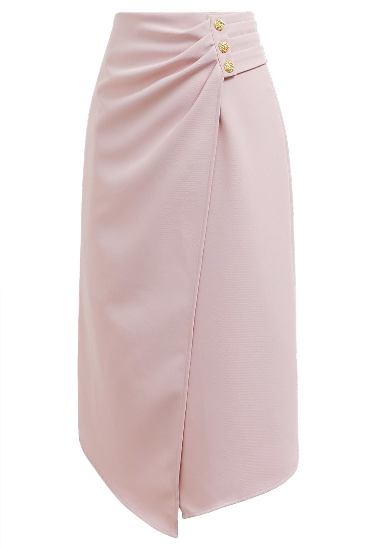 Buttoned Pleats Irregular Flap Midi Skirt in Pink