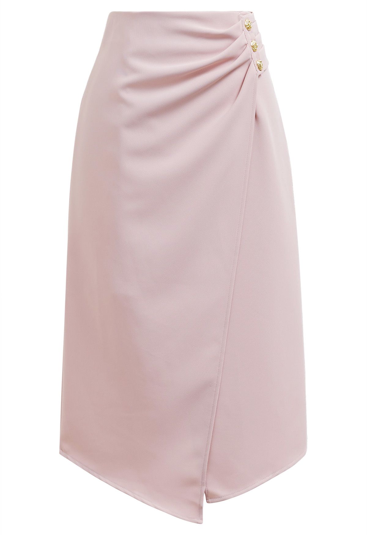 Buttoned Pleats Irregular Flap Midi Skirt in Pink