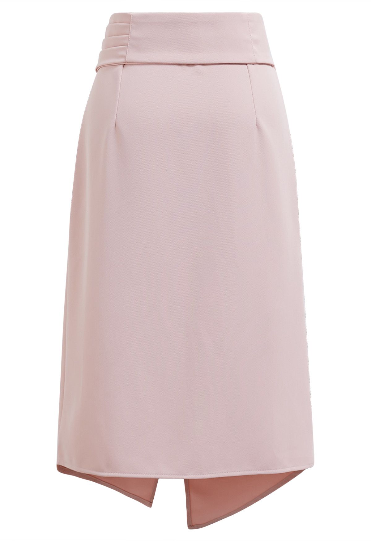 Buttoned Pleats Irregular Flap Midi Skirt in Pink