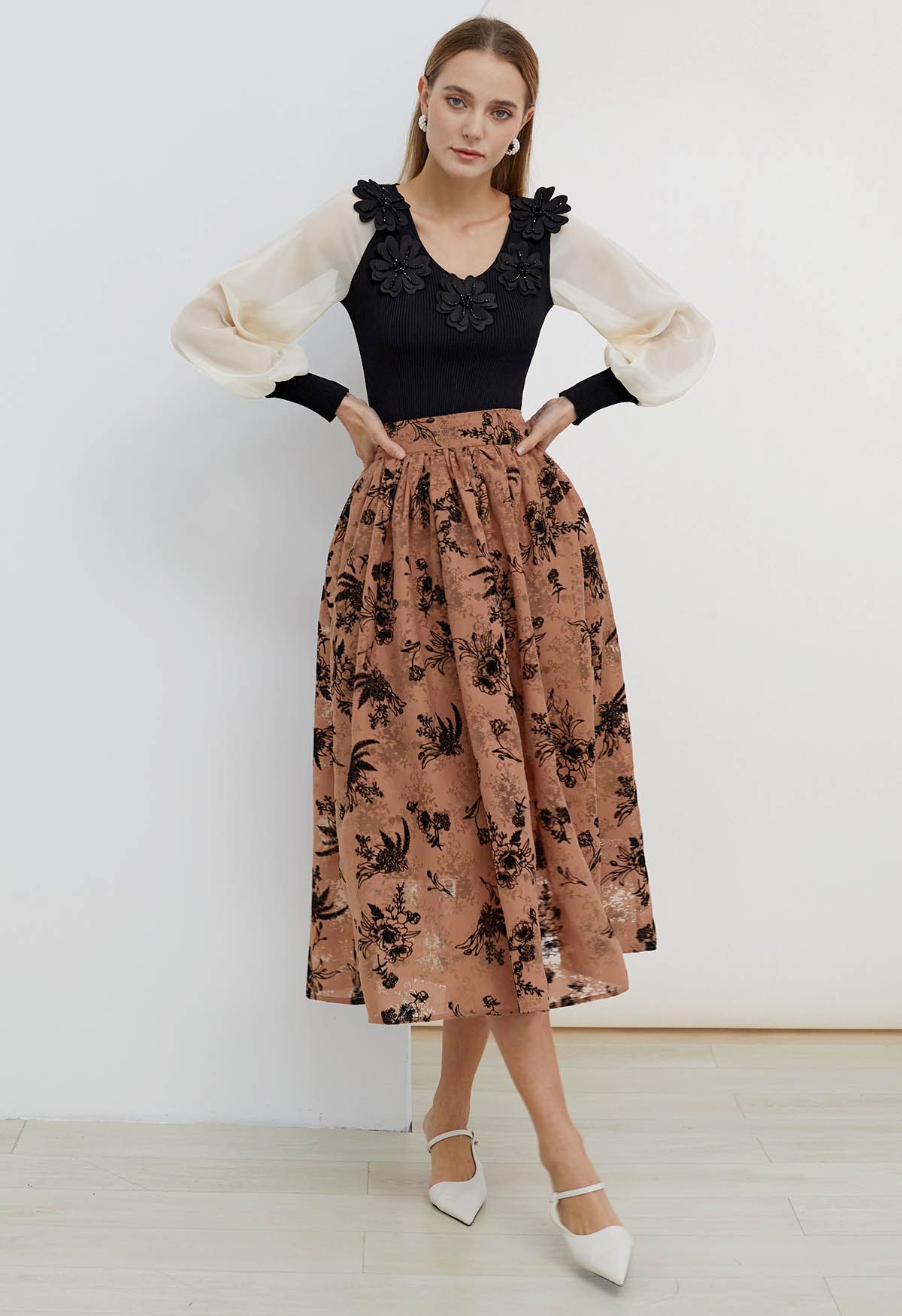 Velvet Flowers Rust Red Jacquard Midi Skirt