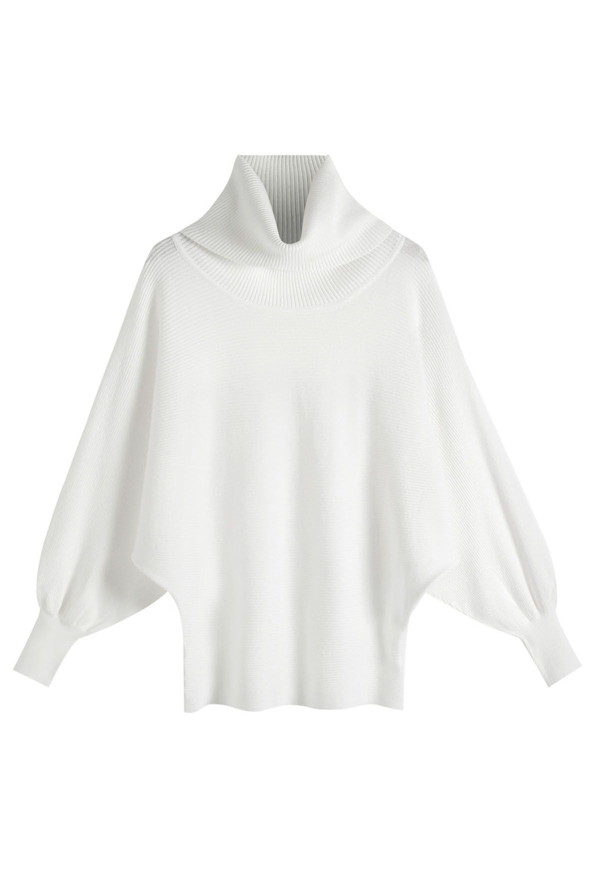 Turtleneck Batwing Sleeves Rib Sweater in White