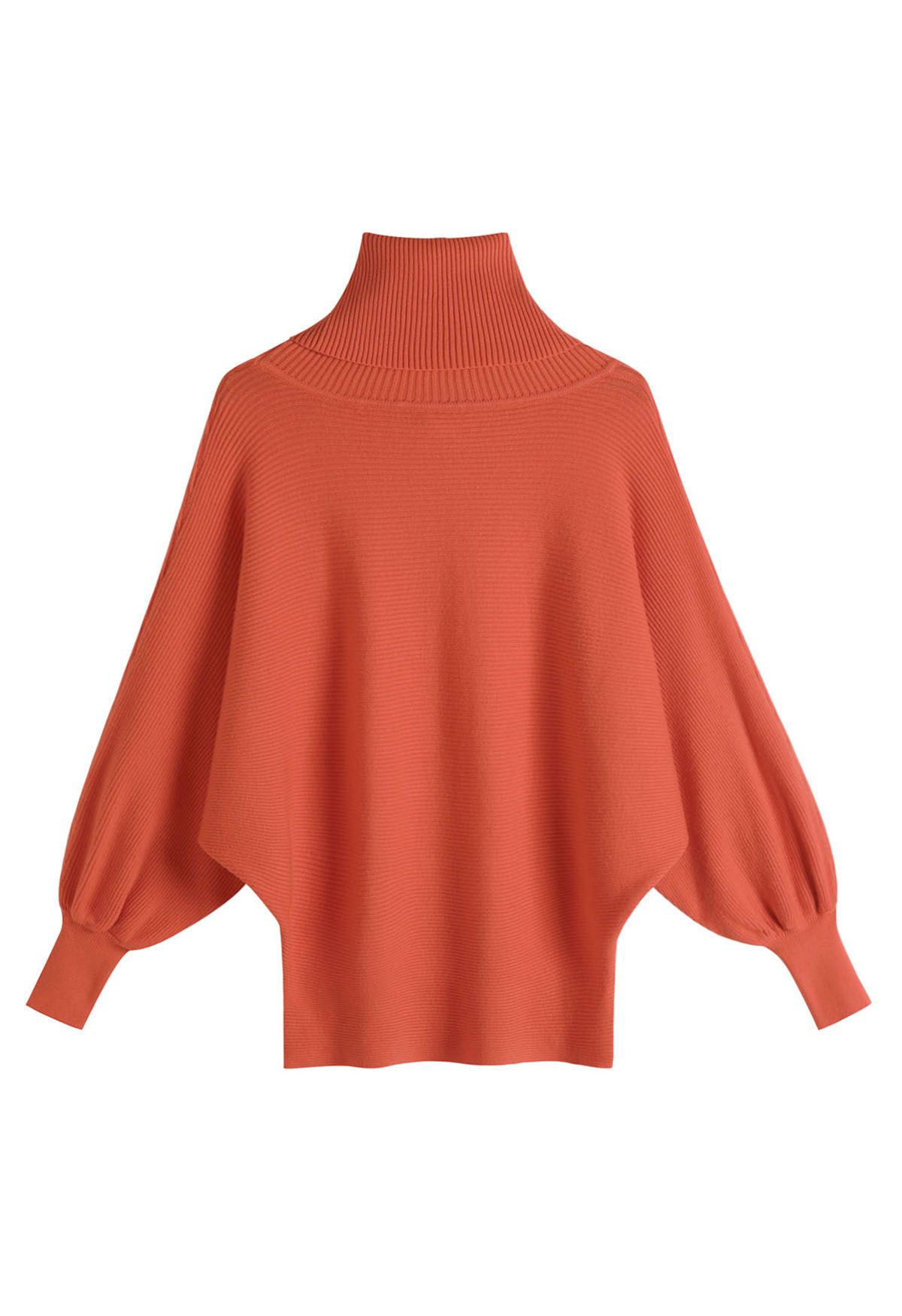 Turtleneck Batwing Sleeves Rib Sweater in Orange