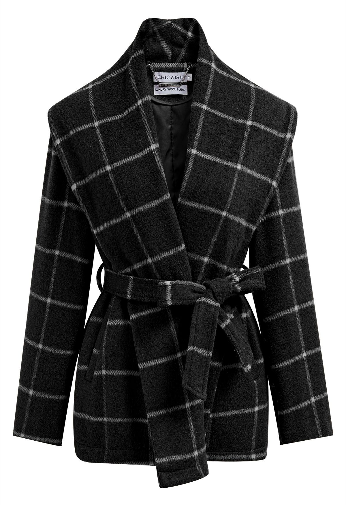 Check Open Front Wool-Blend Coat in Black