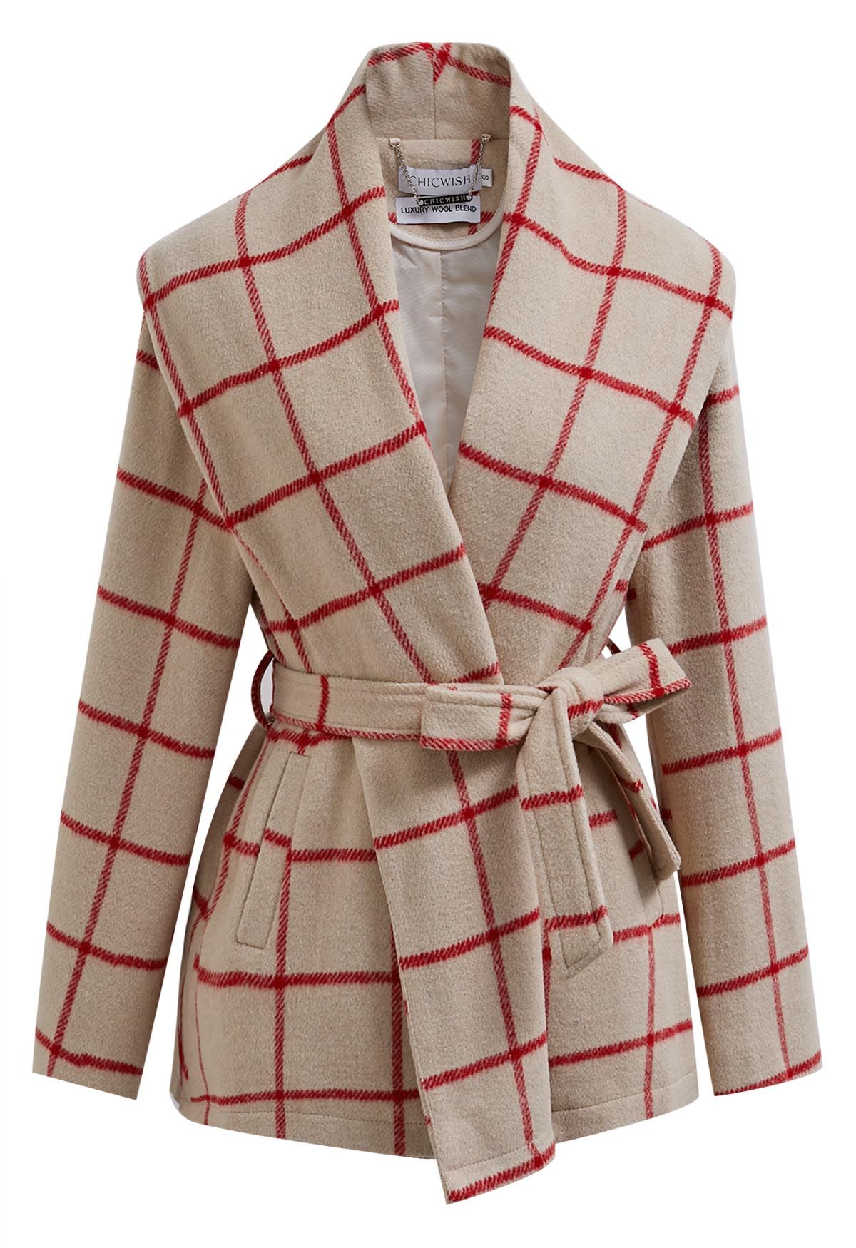 Check Open Front Wool-Blend Coat in Camel