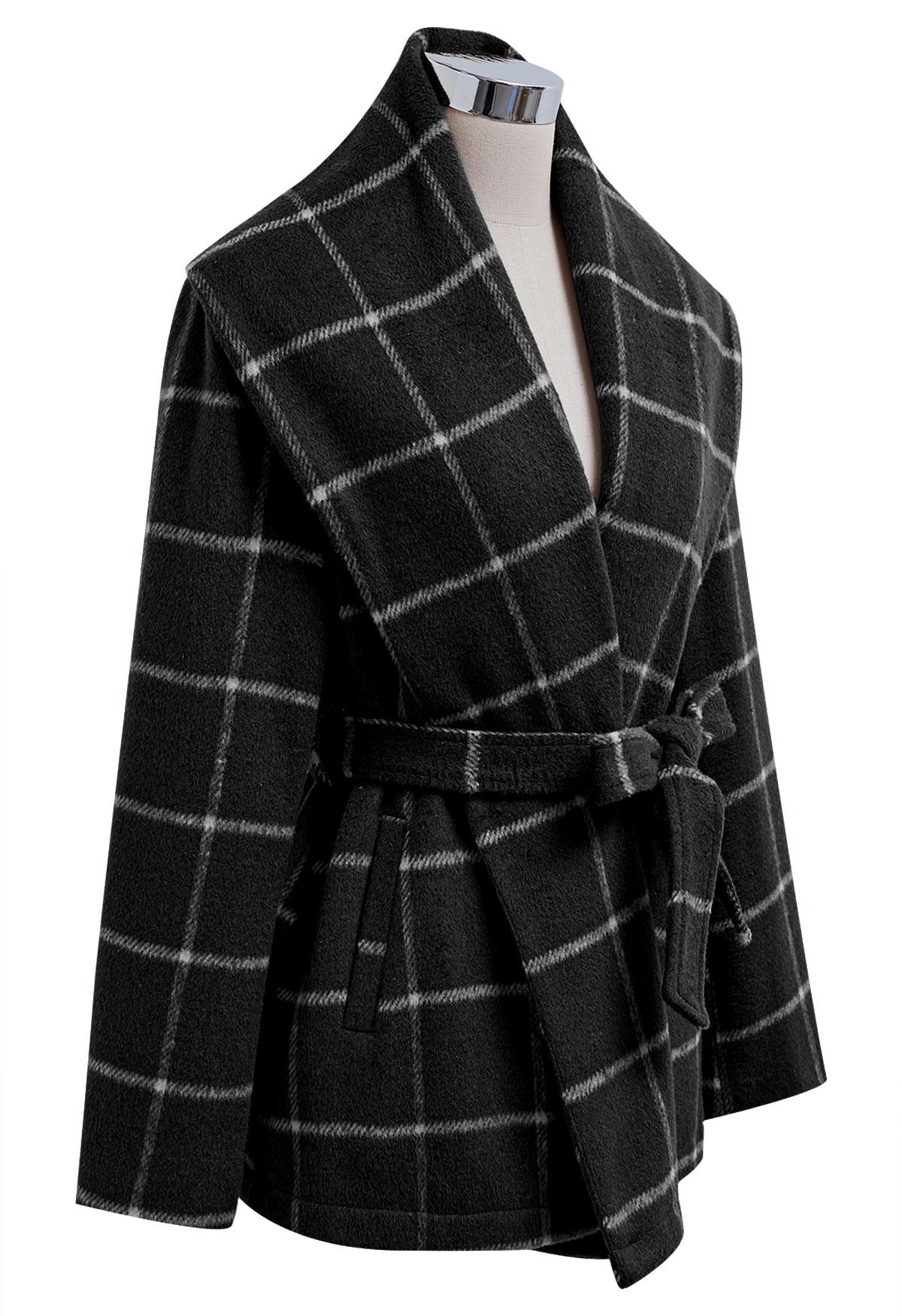 Check Open Front Wool-Blend Coat in Black