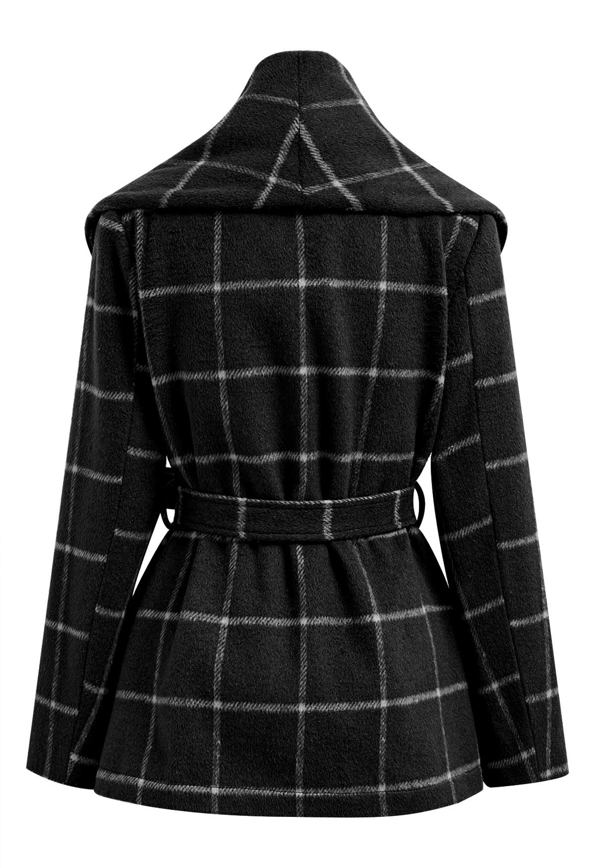 Check Open Front Wool-Blend Coat in Black