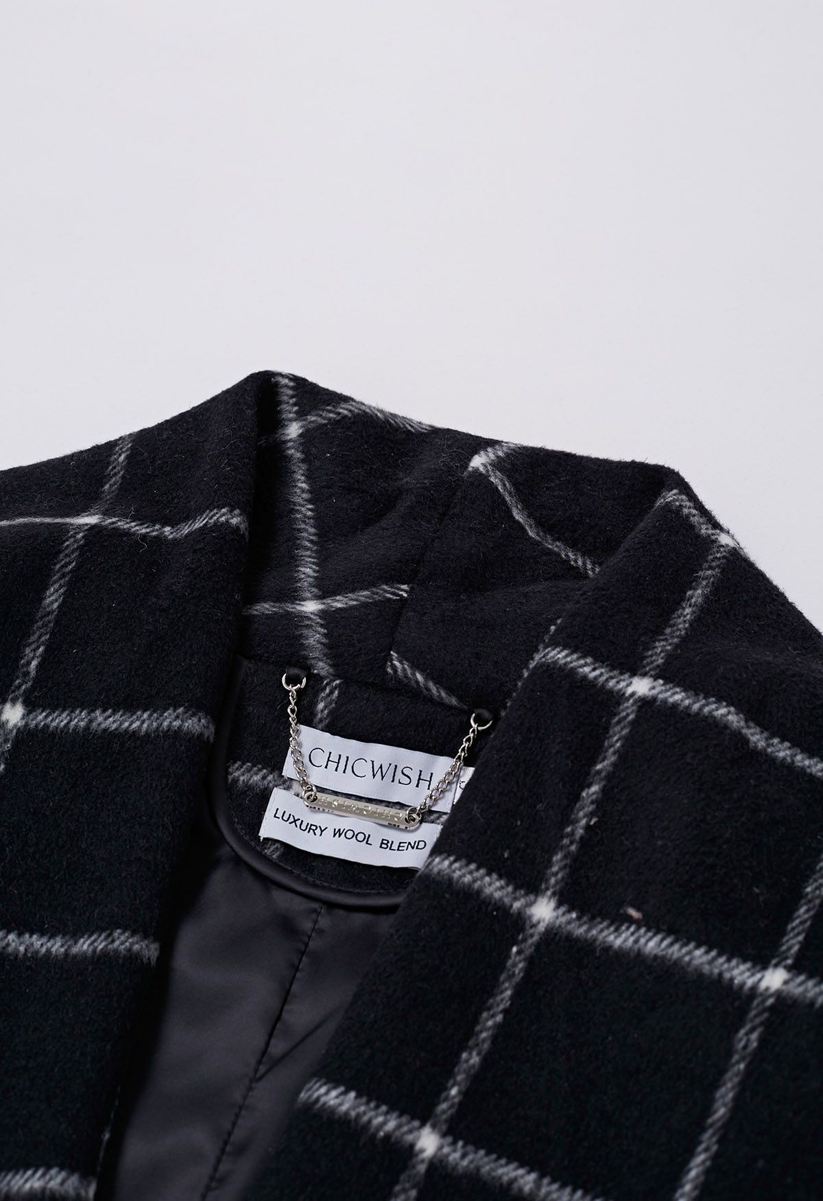 Check Open Front Wool-Blend Coat in Black