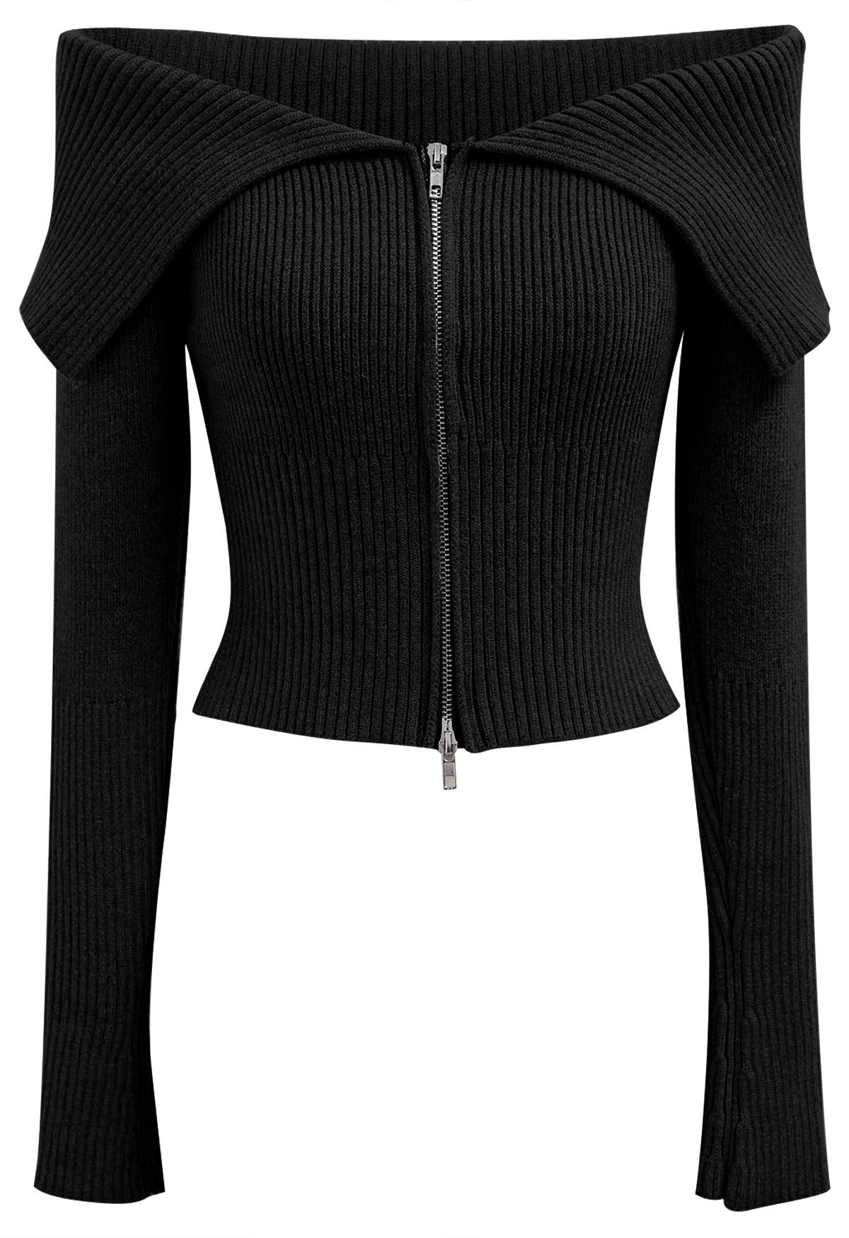 Flap Collar Zip Up Cropped Knit Top in Black