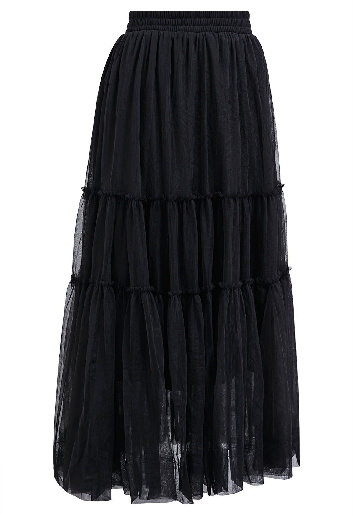 Ruffles Adorned Mesh Tulle Midi Skirt in Black