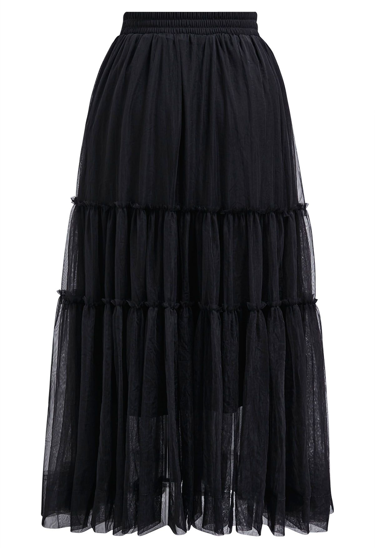 Ruffles Adorned Mesh Tulle Midi Skirt in Black