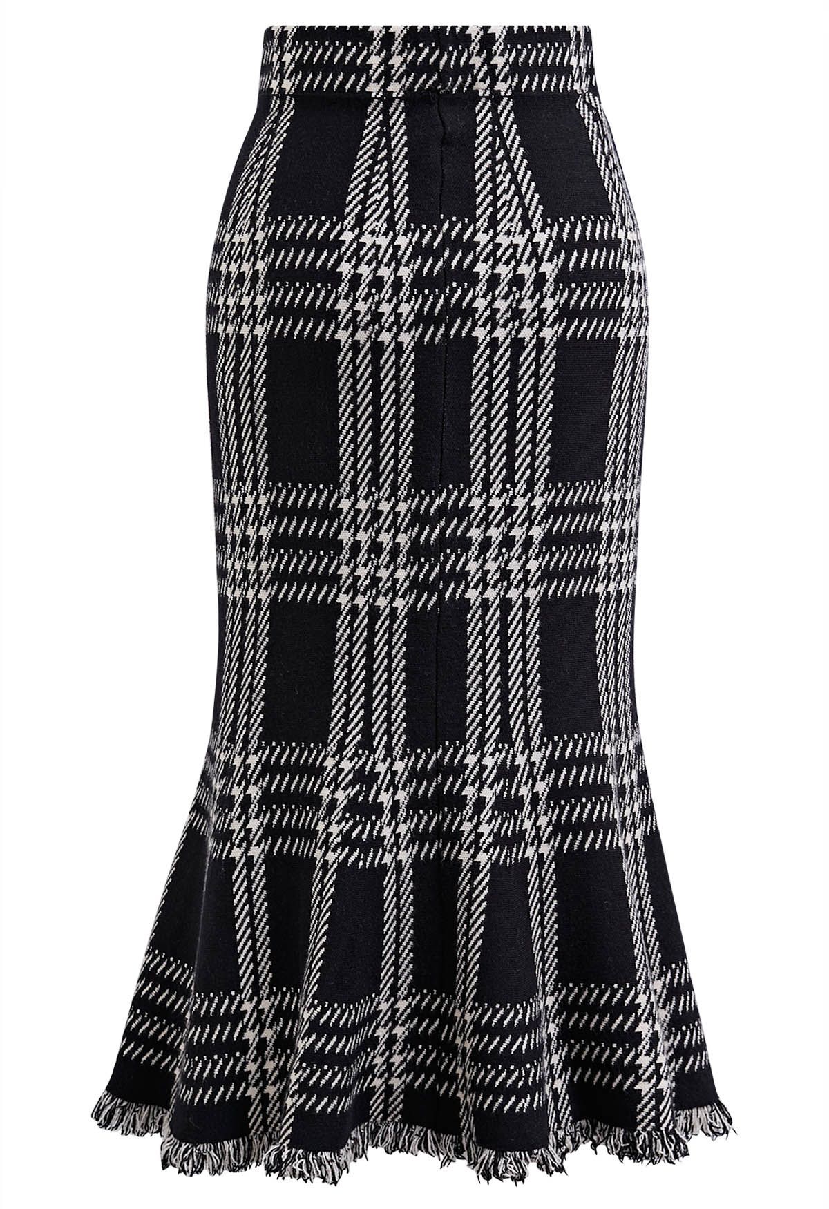 Vintage Plaid Fringed Hemline Knit Skirt in Black