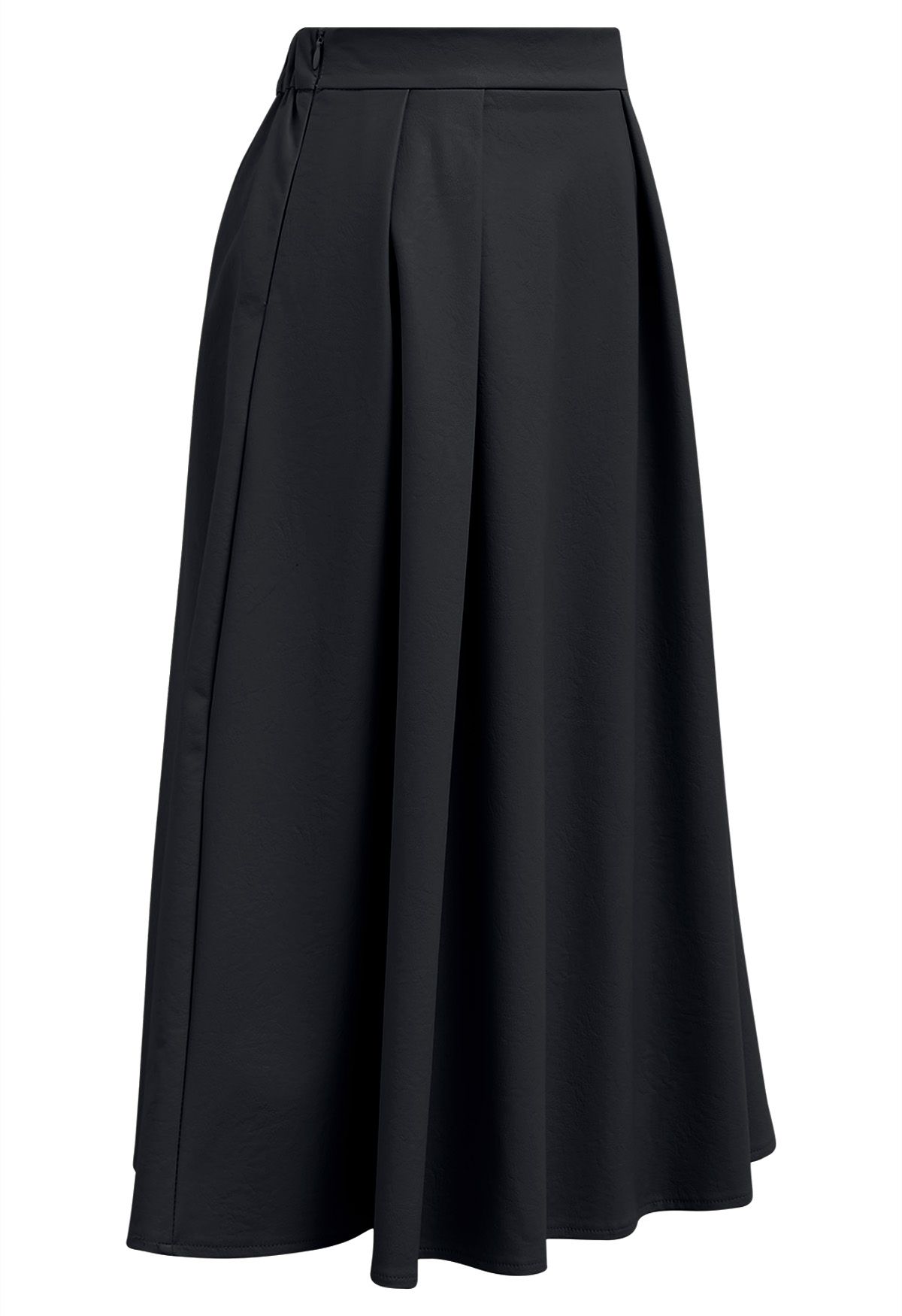 Faux Leather Pleated Flare Midi Skirt in Black